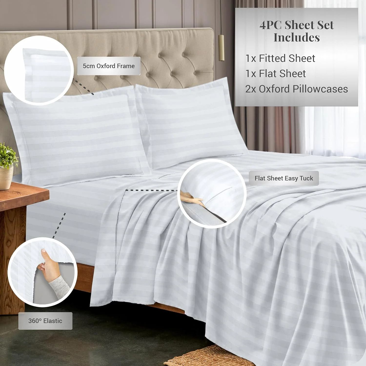 ست ملحفه راه راه کویین سایز Pizuna Cotton، سفید، 300 نخ، نرم، 100% پنبه الیاف بلند، بافت ساتن (1 ملحفه تخت، 1 ملحفه کش دار، 2 روبالشتی) ست ملحفه راه راه کویین سایز Pizuna Cotton، سفید، 300 نخ، نرم، 100% پنبه الیاف بلند، بافت ساتن (1 ملحفه تخت، 1 ملحفه کش دار، 2 روبالشتی)