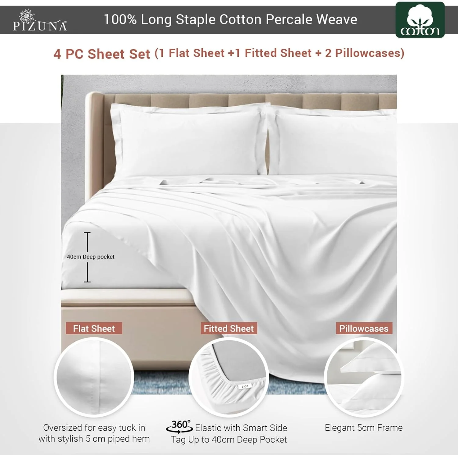 ست ملحفه تخت خواب پنبهای پیزونا سایز کینگ سفید، 100% پنبه خالص با بافت پرکال (1 ملحفه تخت، 1 ملحفه کشدار، 2 روبالشی) ست ملحفه تخت خواب پنبهای پیزونا سایز کینگ سفید، 100% پنبه خالص با بافت پرکال (1 ملحفه تخت، 1 ملحفه کشدار، 2 روبالشی)