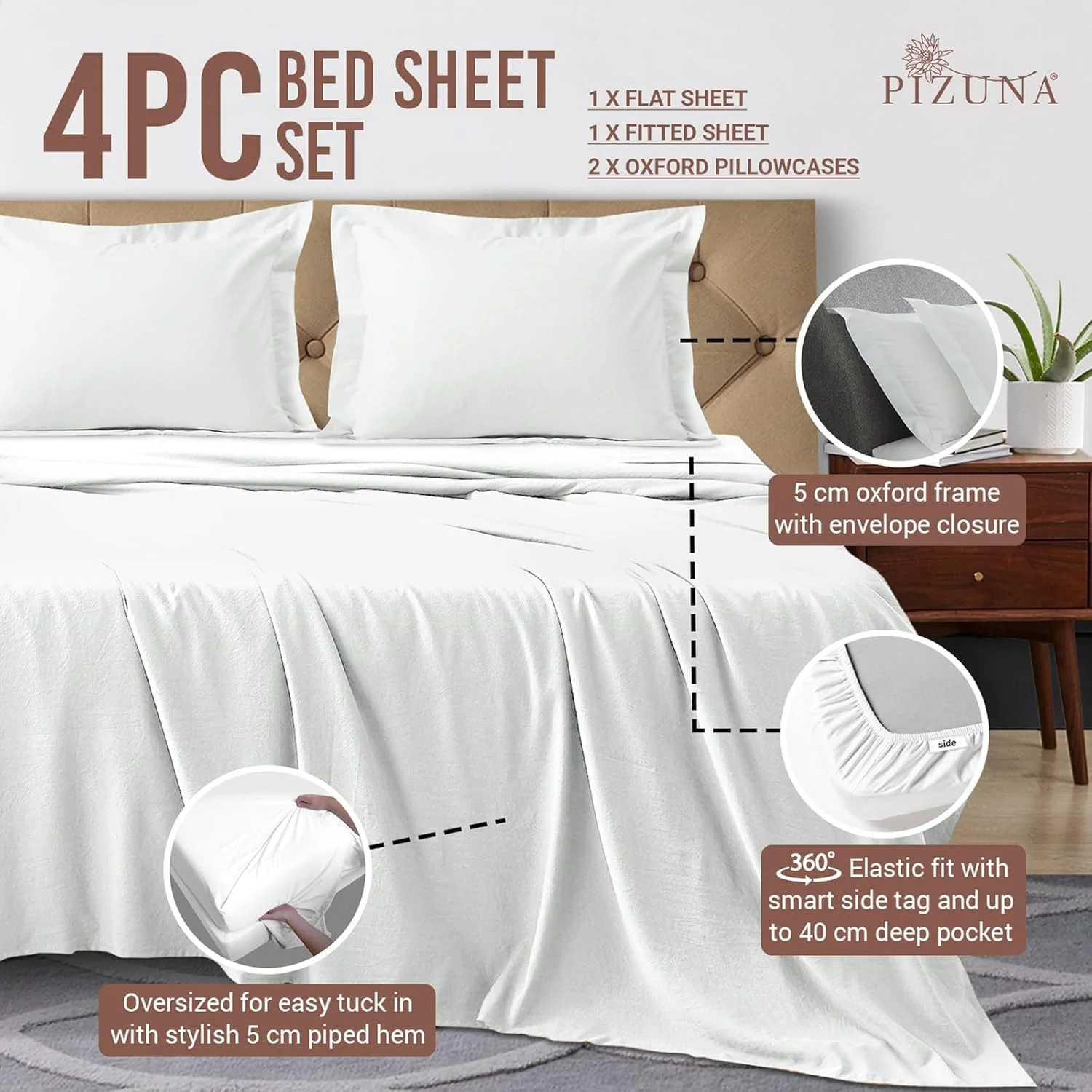 ست ملحفه تخت دونفره پیزونا، 100% پنبه خالص، سفید، تراکم بافت 400، بافت ساتن پنبه ای لطیف و مجلل (شامل 1 ملحفه رو، 1 ملحفه کش دار، 2 روبالشتی) ست ملحفه تخت دونفره پیزونا، 100% پنبه خالص، سفید، تراکم بافت 400، بافت ساتن پنبه ای لطیف و مجلل (شامل 1 ملحفه رو، 1 ملحفه کش دار، 2 روبالشتی)