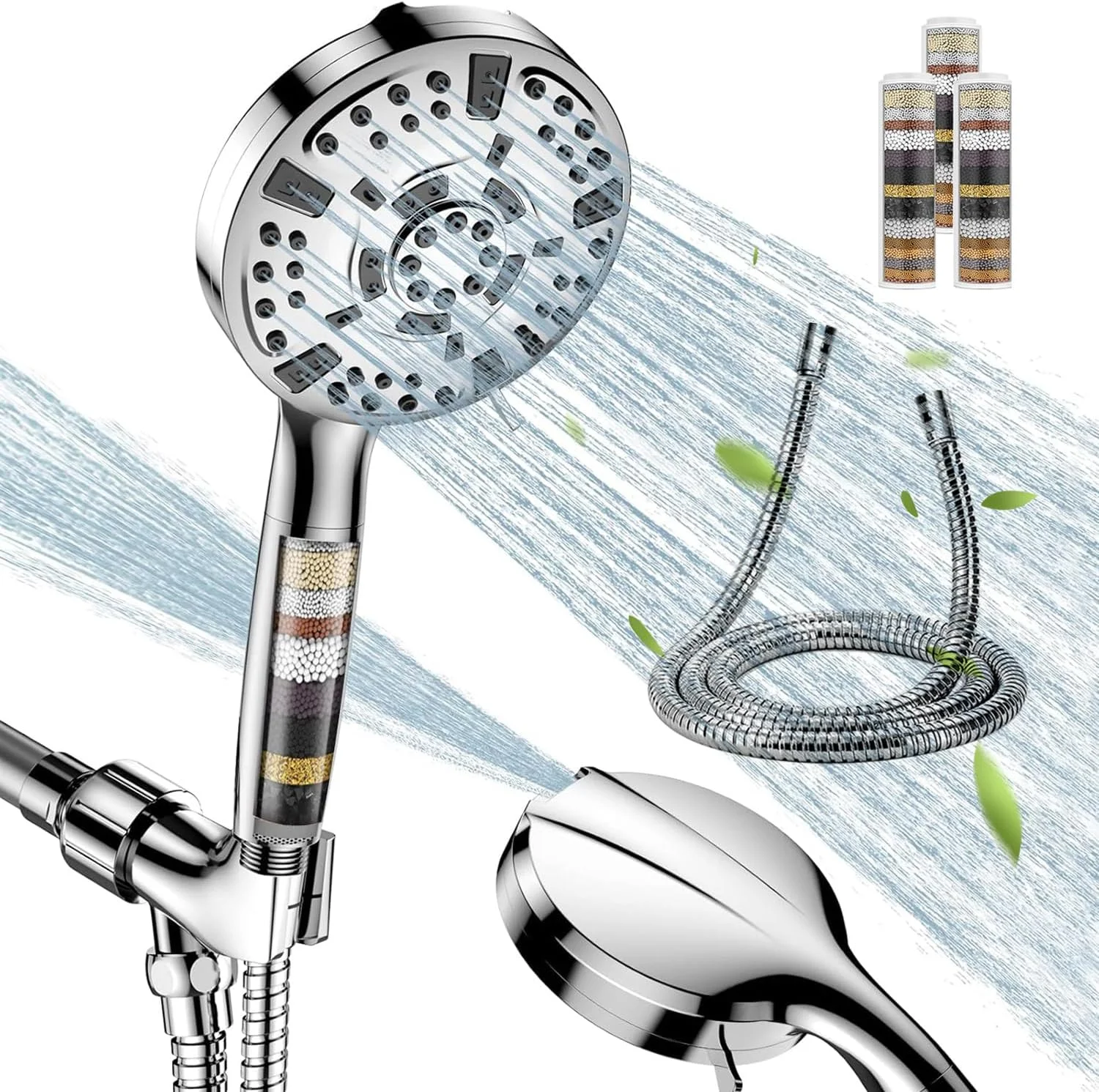 سردوش فیلتردار به همراه 3 عدد فیلتر و شلنگ 1.5 متری، سردوش با فشار بالا با 10 حالت پاشش، سر دوش دستی فیلتردار، کروم