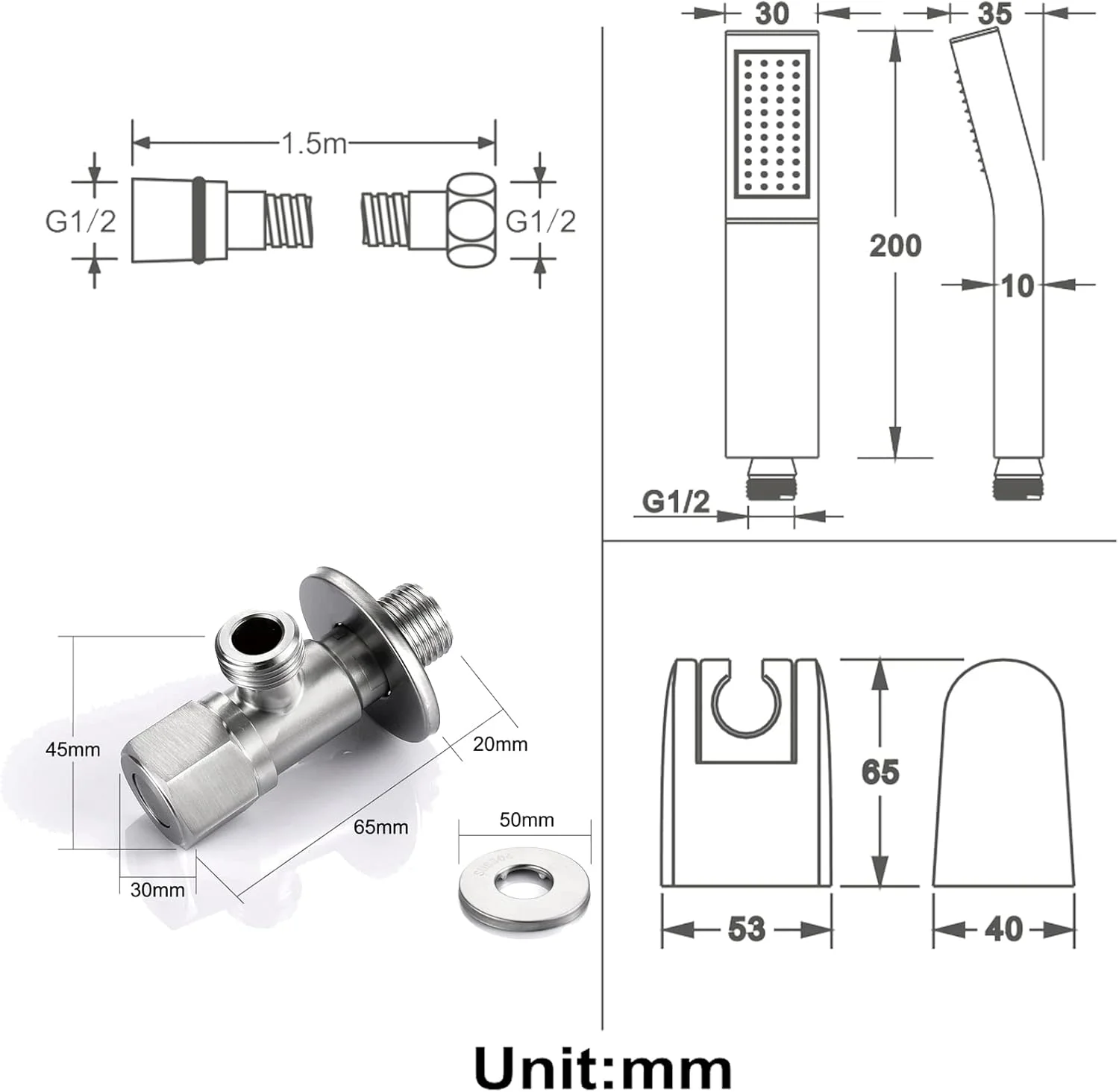 ست سردوش دستی فشار قوی، سردوش دستی جهانی برنجی با نگهدارنده و شلنگ دوش استیل ضد زنگ 1.5 متری، نیکل برس خورده
