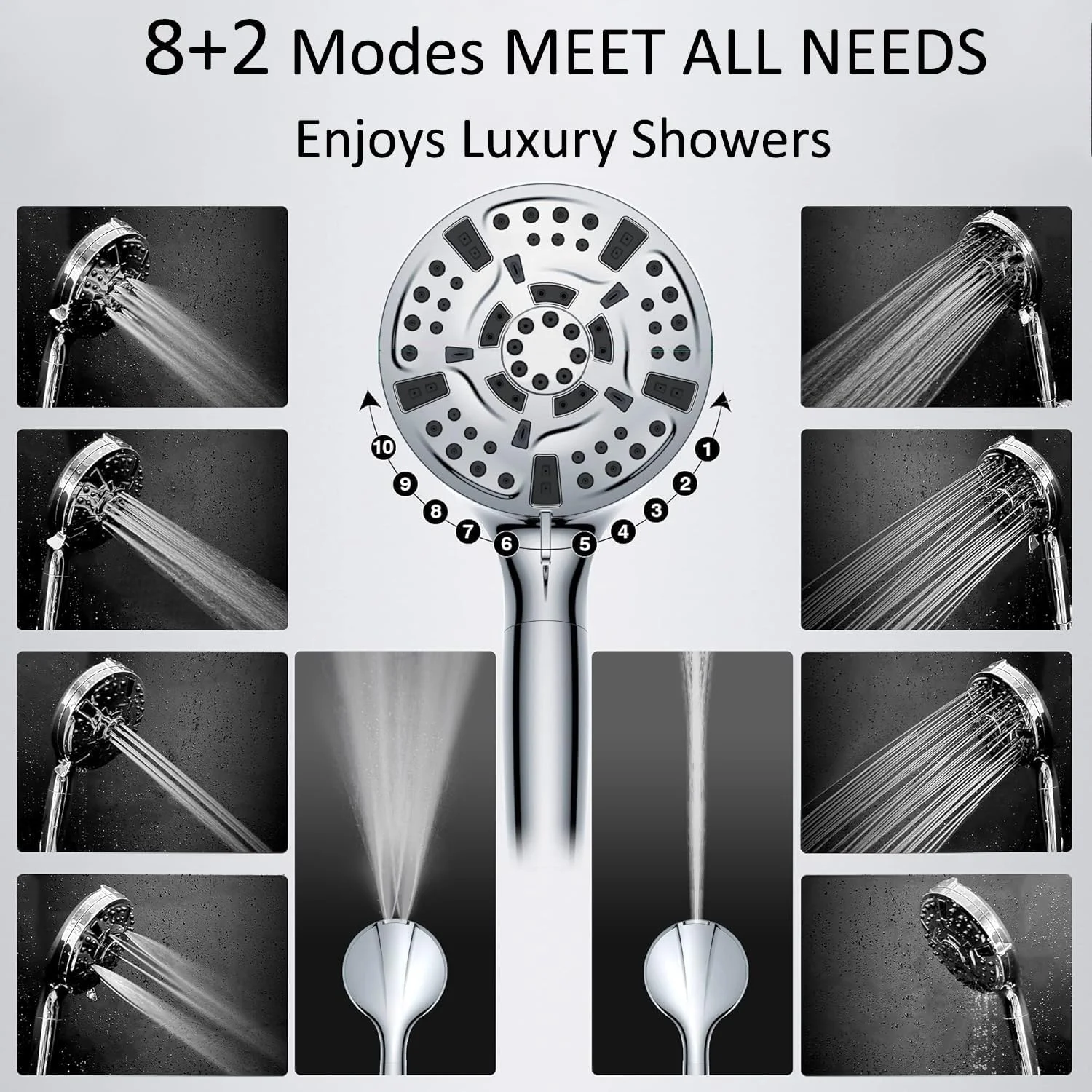 سردوش فیلتردار به همراه 3 عدد فیلتر و شلنگ 1.5 متری، سردوش با فشار بالا با 10 حالت پاشش، سر دوش دستی فیلتردار، کروم