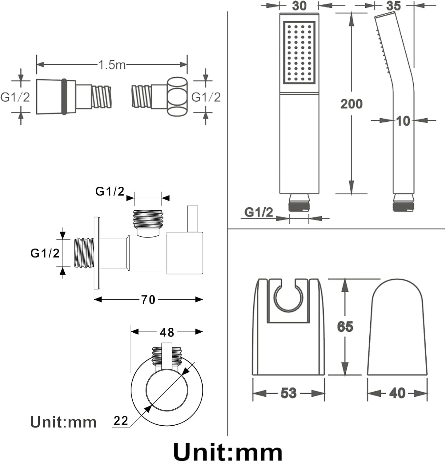 ست دوش دستی فشار قوی TANGAN، اسپری دوش دستی جهانی برنجی با نگهدارنده و شلنگ دوش استیل ضد زنگ 1.5 متری، مشکی