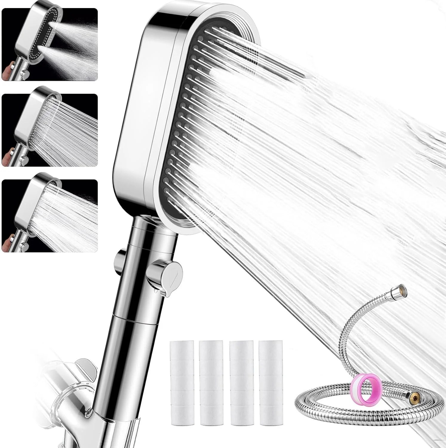 سردوش فیلتردار Tazweeq با شلنگ، سردوش فشار قوی، دارای 3 حالت پاشش، دکمه توقف و تنظیم، به همراه شلنگ/نگهدارنده/فیلترهای مهره‌ای جایگزین و لیف حمام