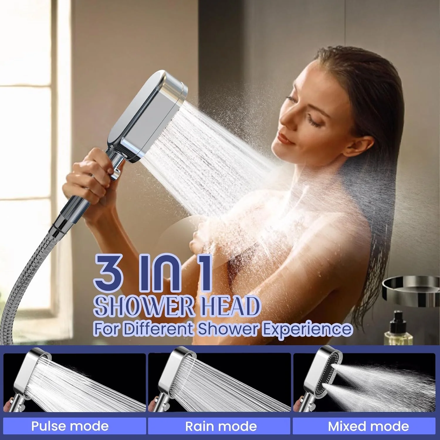 سردوش فیلتردار Tazweeq با شلنگ، سردوش فشار قوی، دارای 3 حالت پاشش، دکمه توقف و تنظیم، به همراه شلنگ/نگهدارنده/فیلترهای مهره‌ای جایگزین و لیف حمام