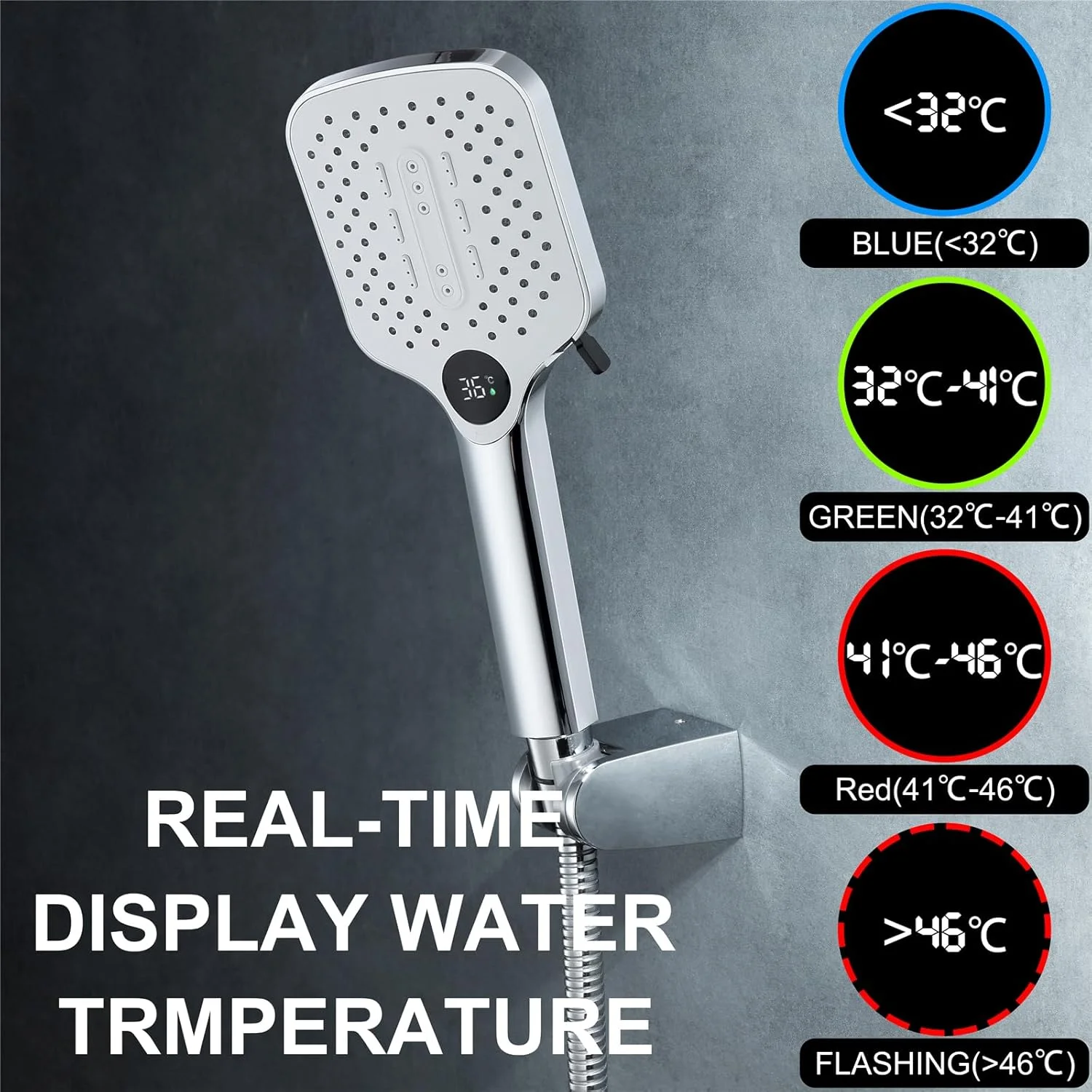 مجموعه سردوش حمام با نمایشگر دمای LED، سردوش ABS با 2 حالت اسپری، نصب دیواری، سردوشی دستی قابل تنظیم با شلنگ 150 سانتی متری، خاکستری تفنگی