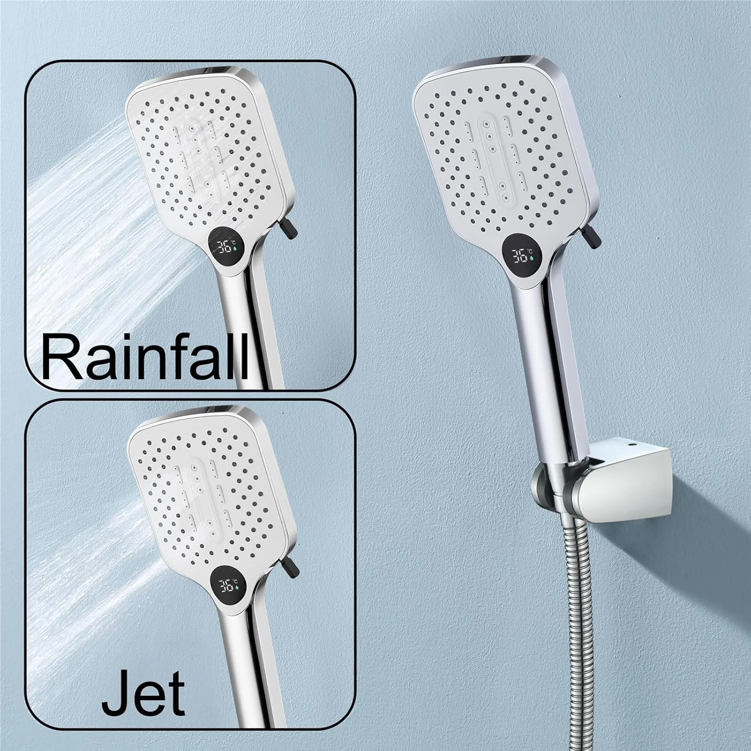 مجموعه سردوش حمام با نمایشگر دمای LED، سردوش ABS با 2 حالت اسپری، نصب دیواری، سردوشی دستی قابل تنظیم با شلنگ 150 سانتی متری، خاکستری تفنگی