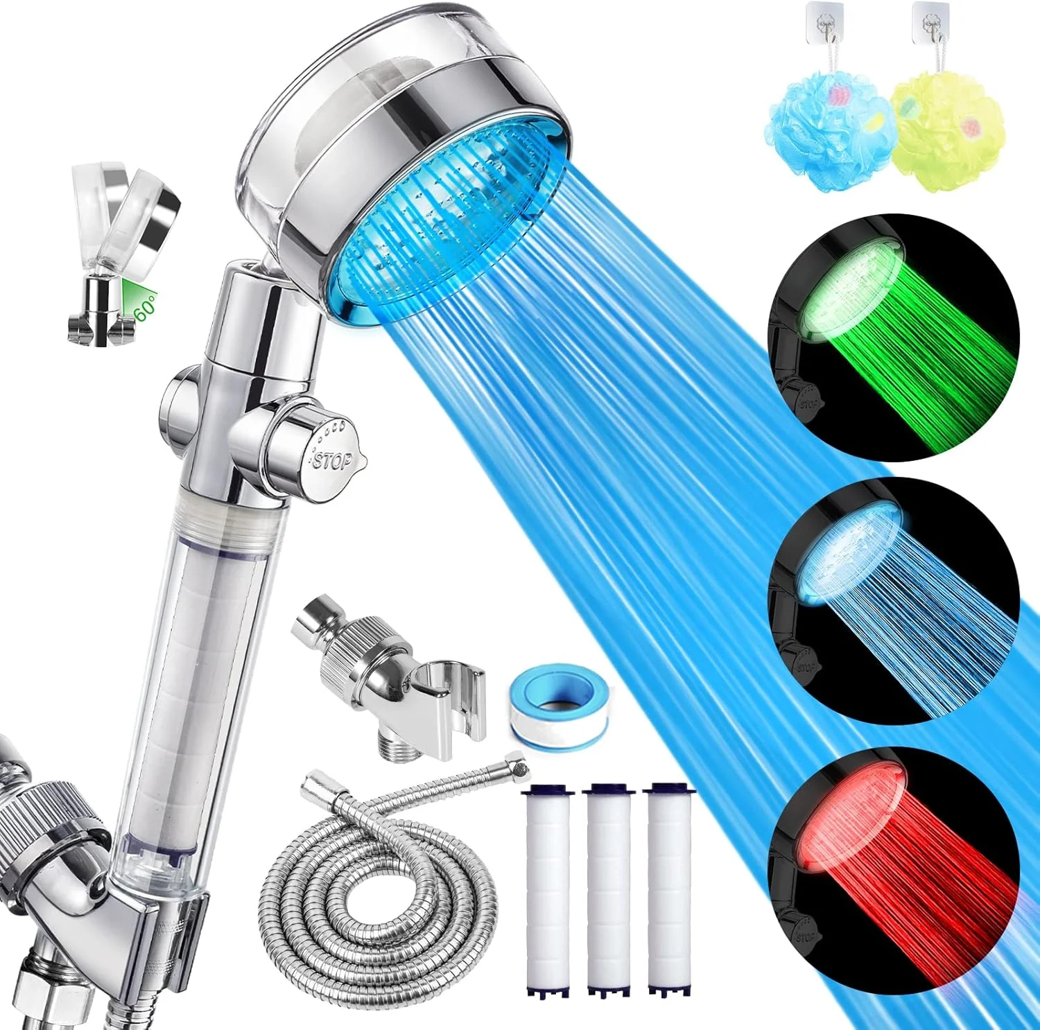 سردوش ال ای دی TGQQ به همراه گوشی دستی، سردوش های فشار قوی هیدرو جت به همراه شلنگ، نگهدارنده و 3 فیلتر، سردوش فیلتردار با 5 حالت کنترل دمای آب (سفید)