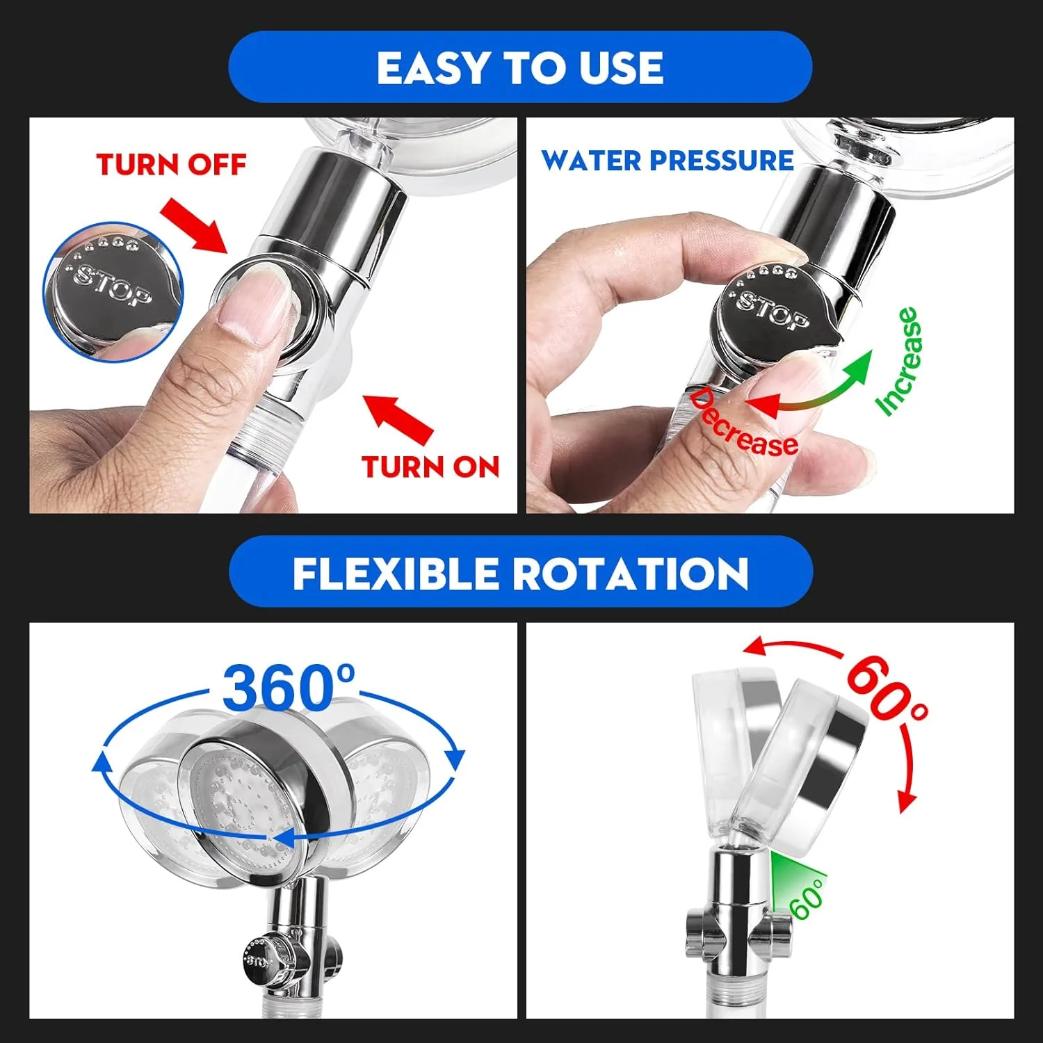 سردوش ال ای دی TGQQ به همراه گوشی دستی، سردوش های فشار قوی هیدرو جت به همراه شلنگ، نگهدارنده و 3 فیلتر، سردوش فیلتردار با 5 حالت کنترل دمای آب (سفید)