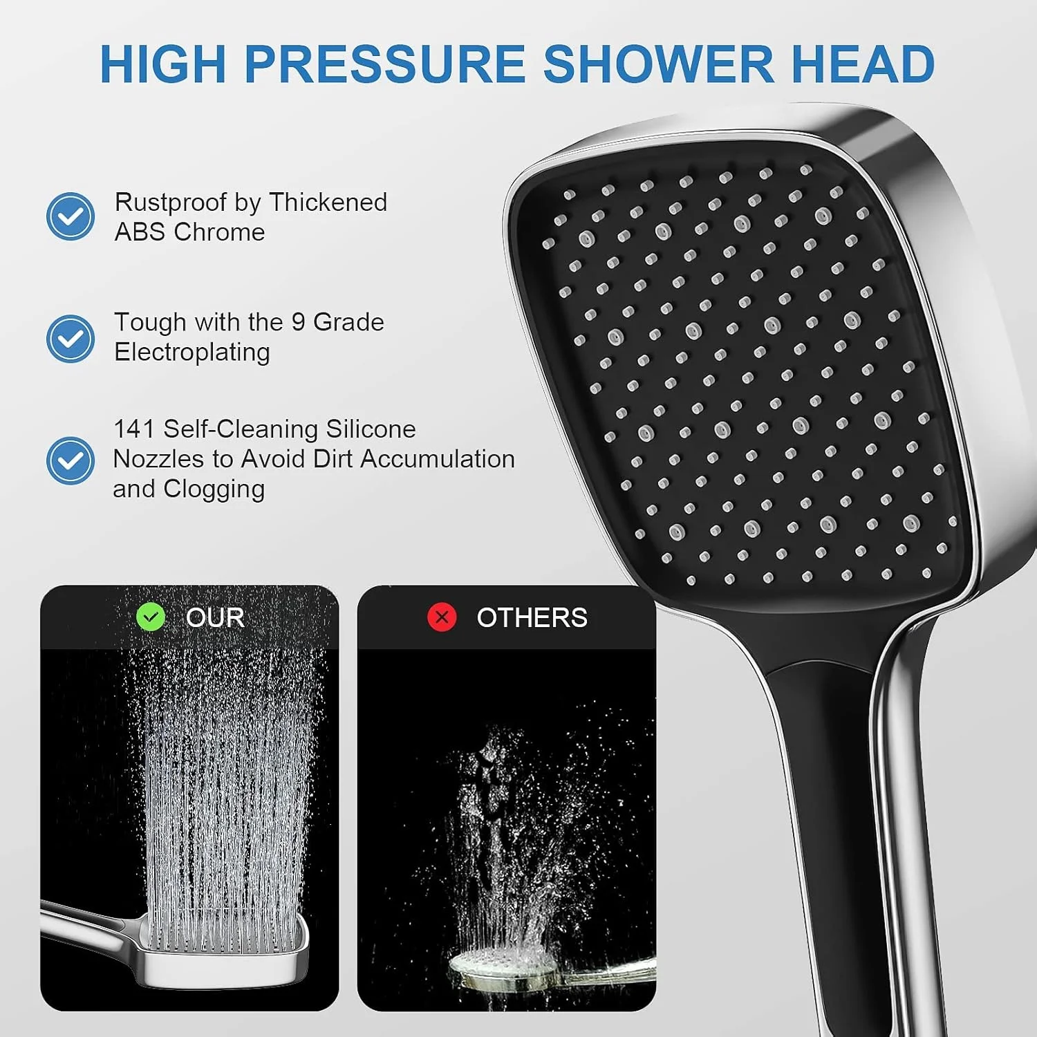 سردوش حمام TERRIFI، سردوشی دستی با فشار قوی، دارای 3 حالت قابل تنظیم برای صرفه جویی در آب، چند منظوره مربعی شکل مناسب برای حمام، قابل نصب بر روی شلنگ دوش شما