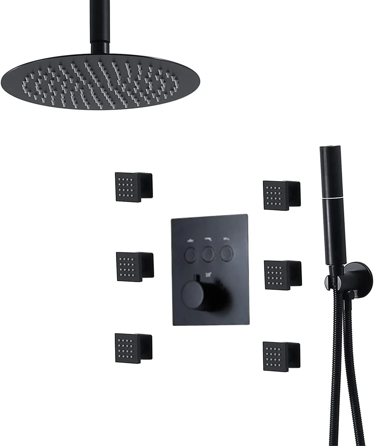 ست دوش حمام ترموستاتیک 3 در 1، مجموعه شیرآلات دوش سقفی حمام با سردوش دستی 2 حالته، سردوش بالایی، جت های ماساژ بدن، مشکی-مشکی