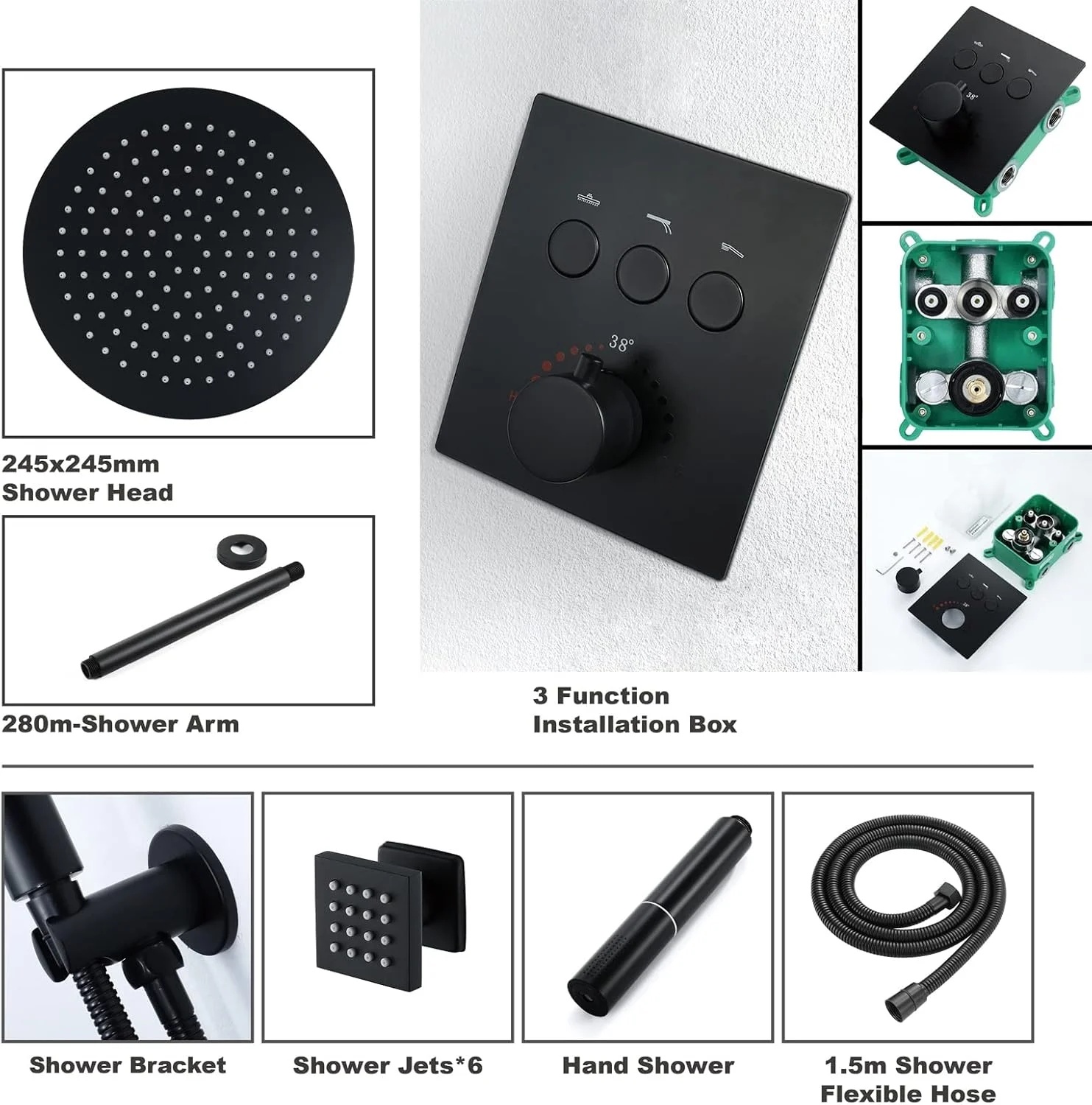 ست دوش حمام ترموستاتیک 3 در 1، مجموعه شیرآلات دوش سقفی حمام با سردوش دستی 2 حالته، سردوش بالایی، جت های ماساژ بدن، مشکی-مشکی
