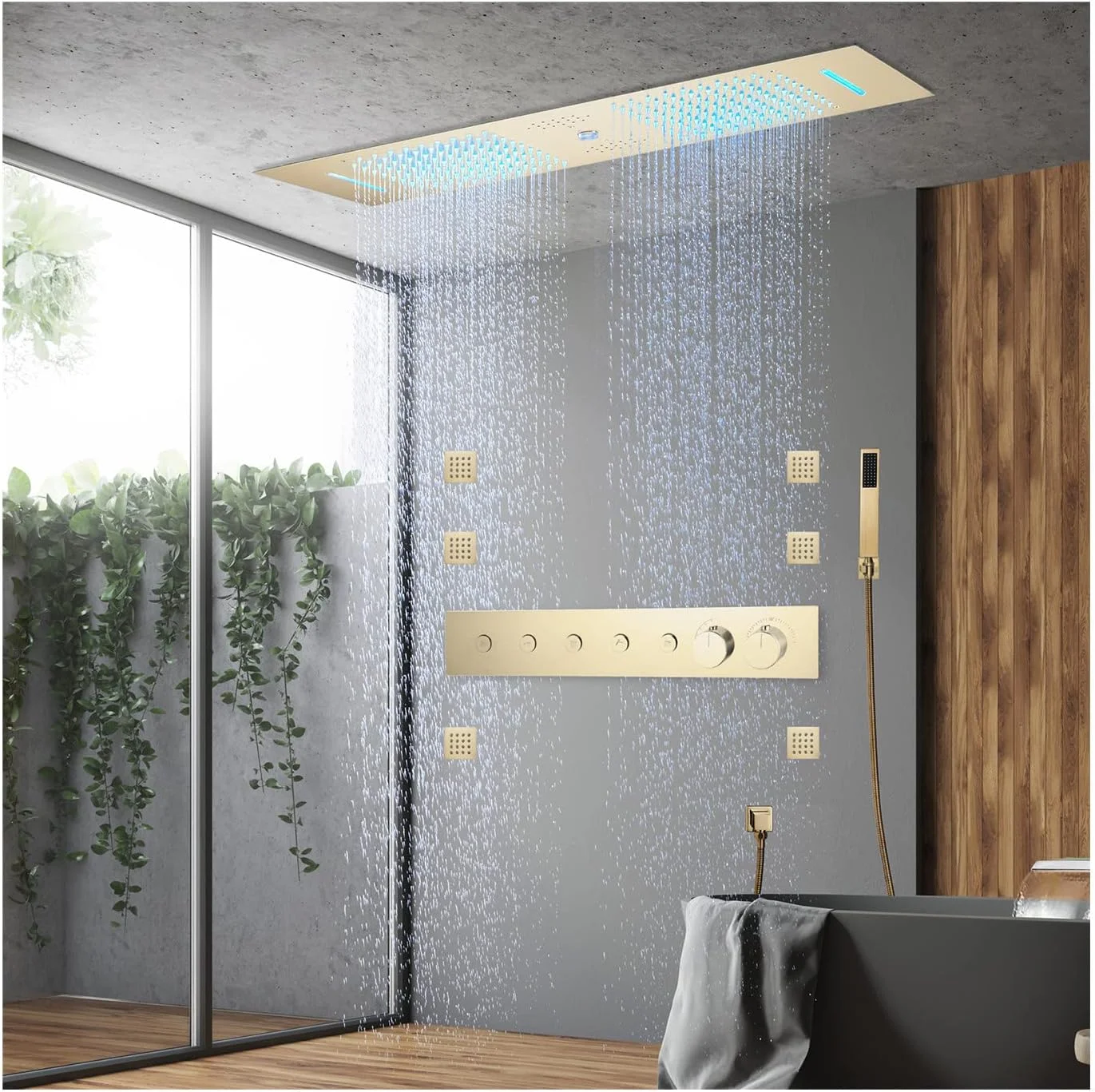 ست دوش حمام موزیکال با نور ال ای دی 64 رنگ، شیر دوش ترموستاتیک با سردوش بارانی 12X36، 6 عدد جت بدنه، دوش دستی، تمام عملکردهای Ca