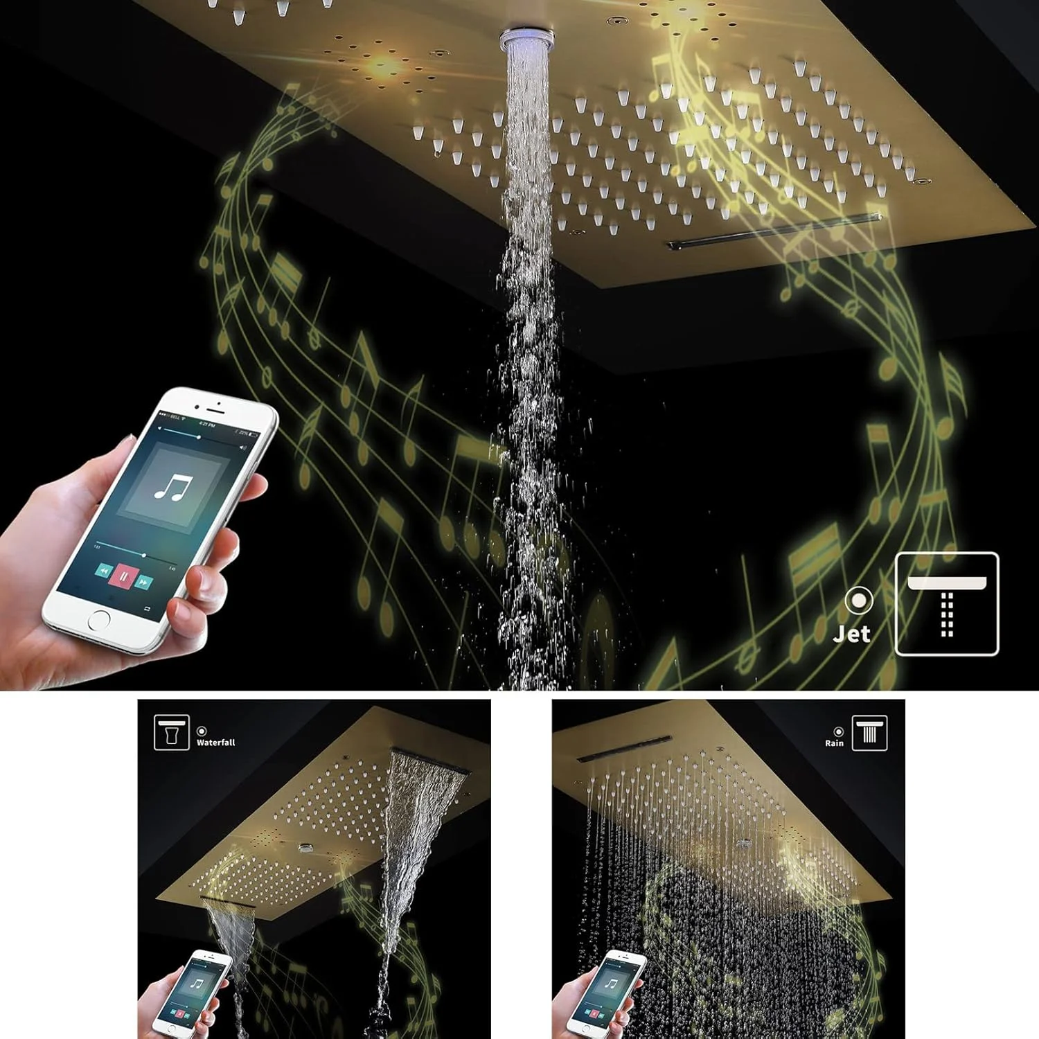 ست دوش حمام موزیکال با نور ال ای دی 64 رنگ، شیر دوش ترموستاتیک با سردوش بارانی 12X36، 6 عدد جت بدنه، دوش دستی، تمام عملکردهای Ca