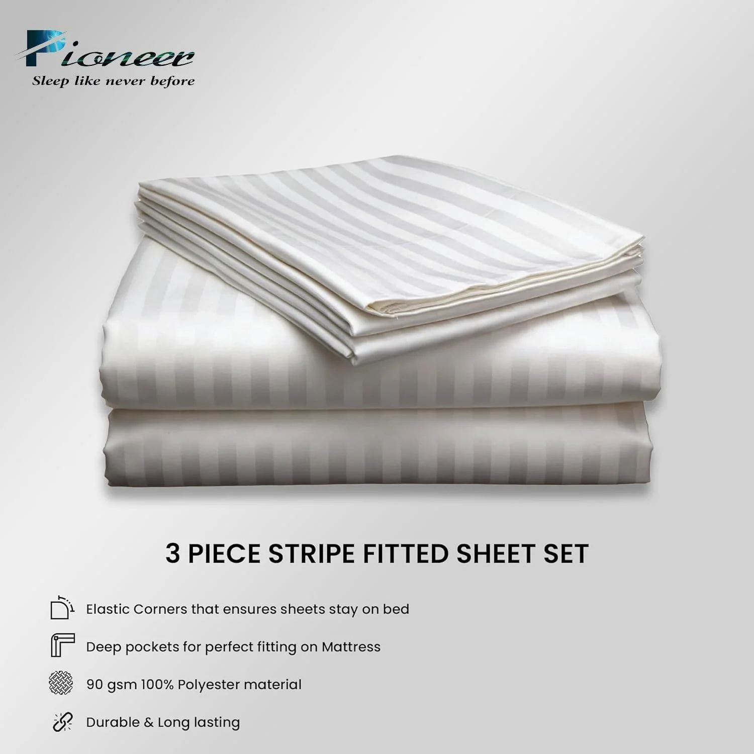 ست ملحفه کش‌دار میکروفایبر راه راه نرم و راحت پایونیر مناسب استفاده روزانه به همراه روبالشی - ست ملحفه کش‌دار راه راه پلی‌استر با راه راه 1 سانتی‌متری (سفید، کینگ - 200x180+20 سانتی‌متر)