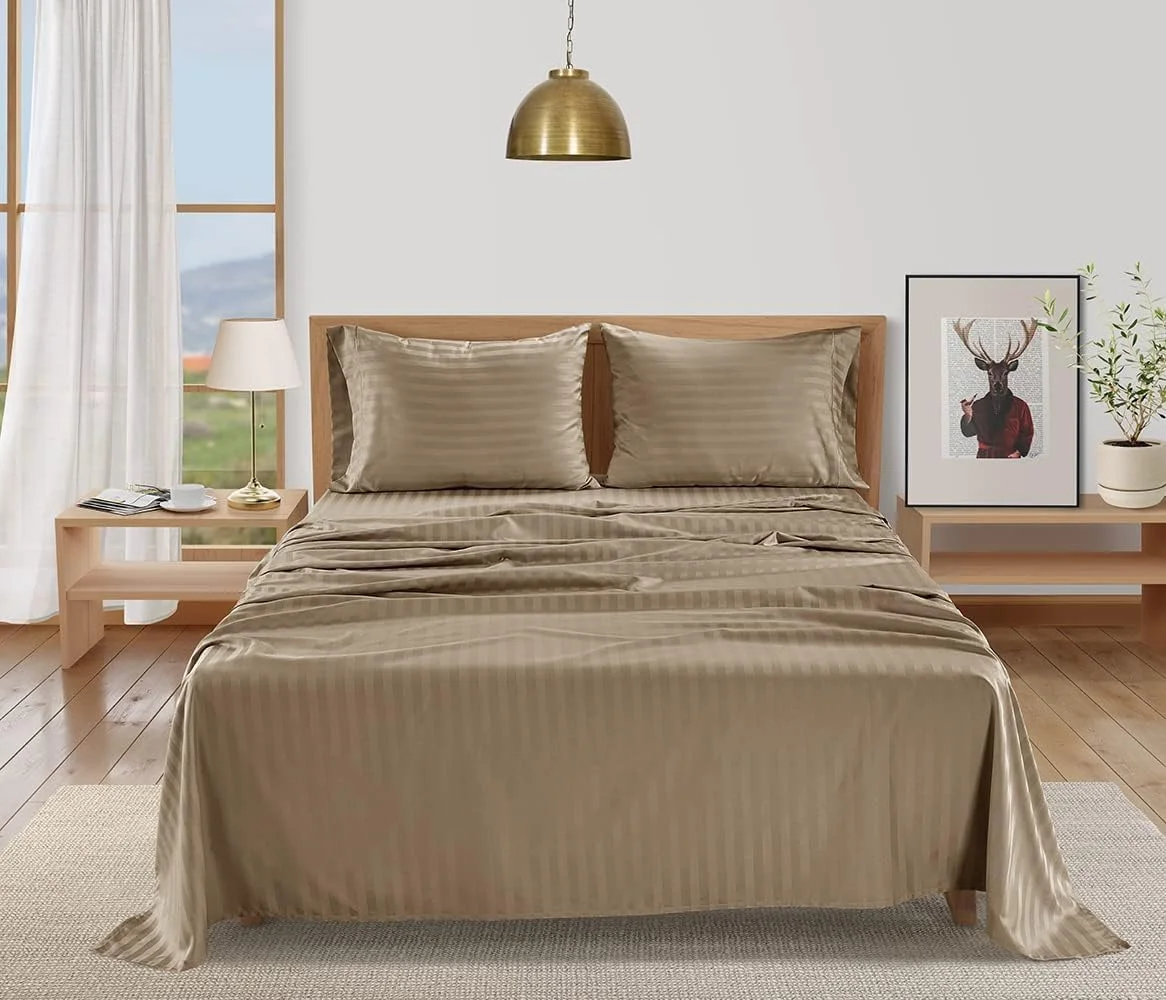 ملحفه تخت یک نفره لوکس پایونیر - ست ملحفه راه راه با روبالشی (50x75 سانتی متر) - نرم و قابل تنفس - پارچه میکروفیبر برس خورده نرم برای تمام فصول (راه راه بژ، ملحفه یک نفره)