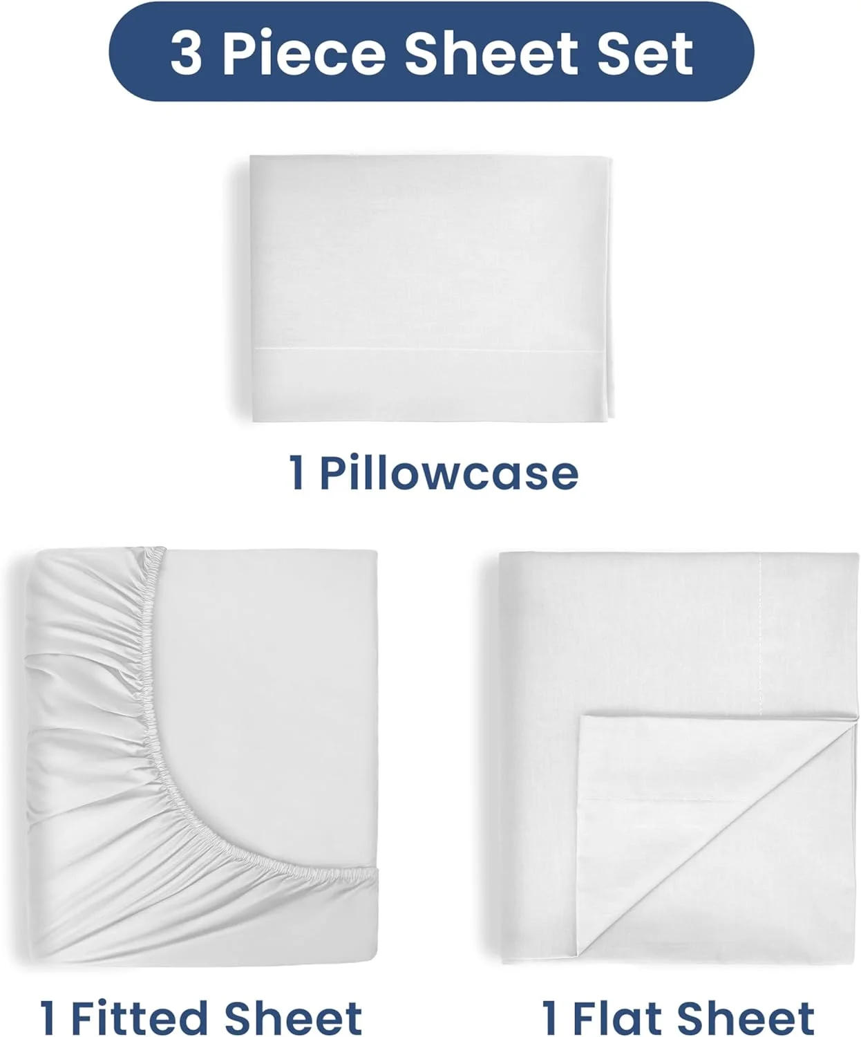 ست ملحفه سه تکه یک نفره | ست ملحفه تخت یک نفره - سبک وزن، ملحفه های نرم و تنفسی | مخلوط غنی از پنبه برس خورده | تناسب ایمن، مقاوم در برابر چروک، بادوام، ملحفه های با مراقبت آسان | ملحفه های راحت | سفید