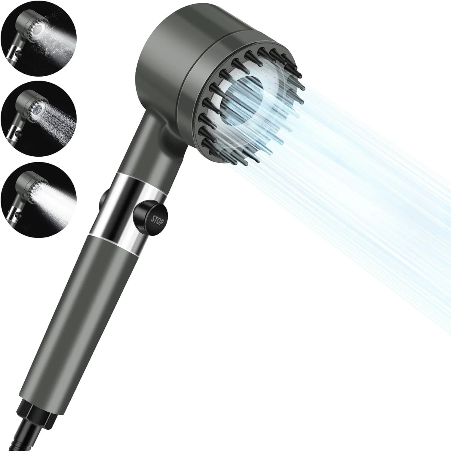 سردوش حمام با جریان آب پرفشار، 3 حالت قابل تنظیم، دارای فیلتر و برس ماساژ، دکمه توقف آب و قابلیت استفاده دستی (خاکستری)
