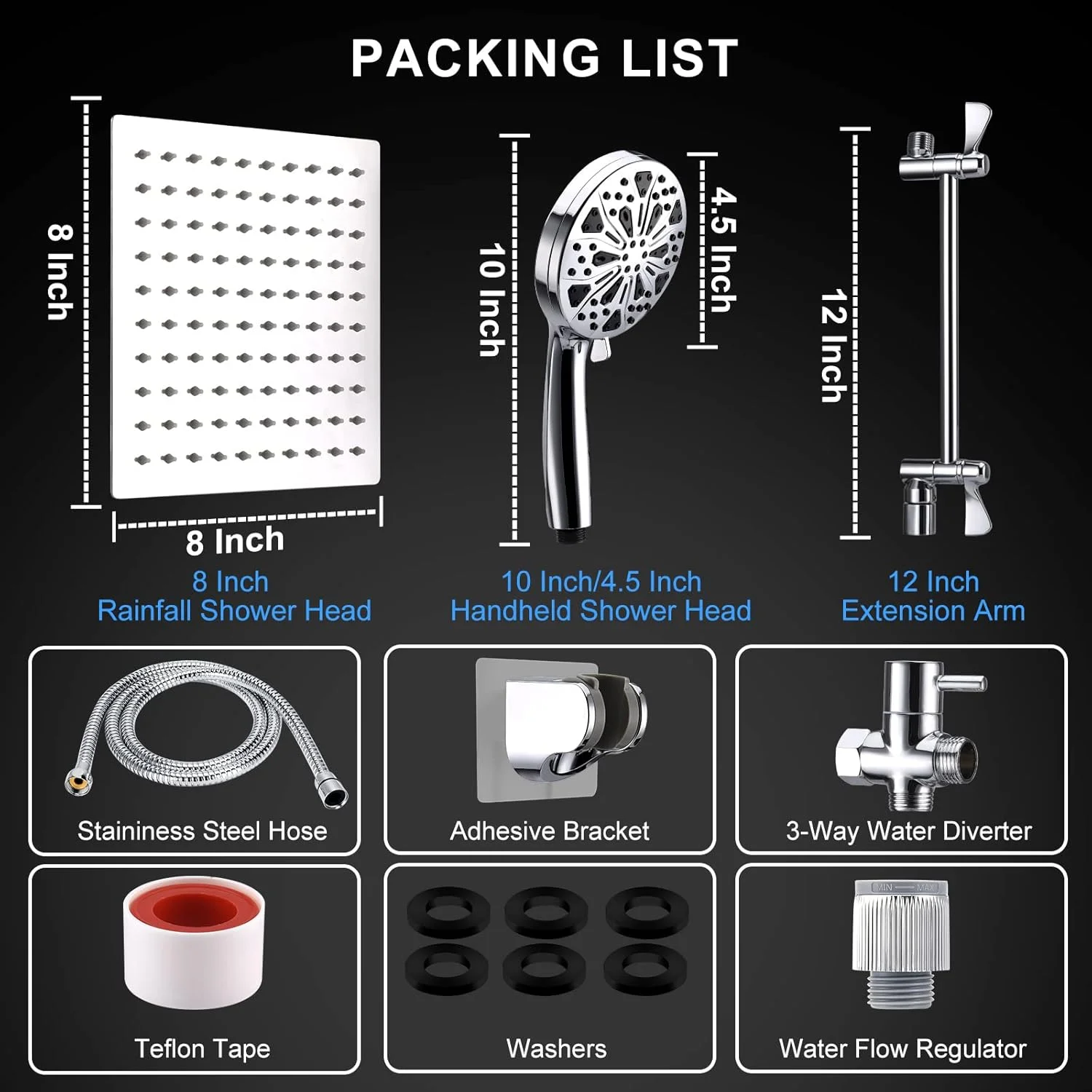 سردوش بارانی فشار قوی 12 اینچی Tomler، سردوش با بازوی اکستنشن 11 اینچی، سردوش دستی 10 حالته با نگهدارنده/شلنگ، دارای قابلیت شستشوی پرقدرت برای تمیز کردن وان، کاشی و حیوانات خانگی، تنظیم کننده جریان آب، کروم