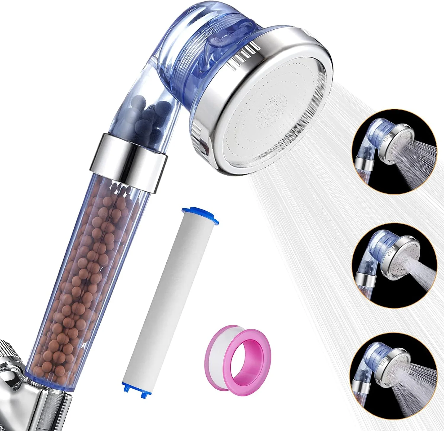 سر دوش حمام با فیلتر مهره های سنگی، سر دوش دستی فیلتر دار فشار قوی، دوش فیلتراسیون 3 حالته برای مو و پوست خشک