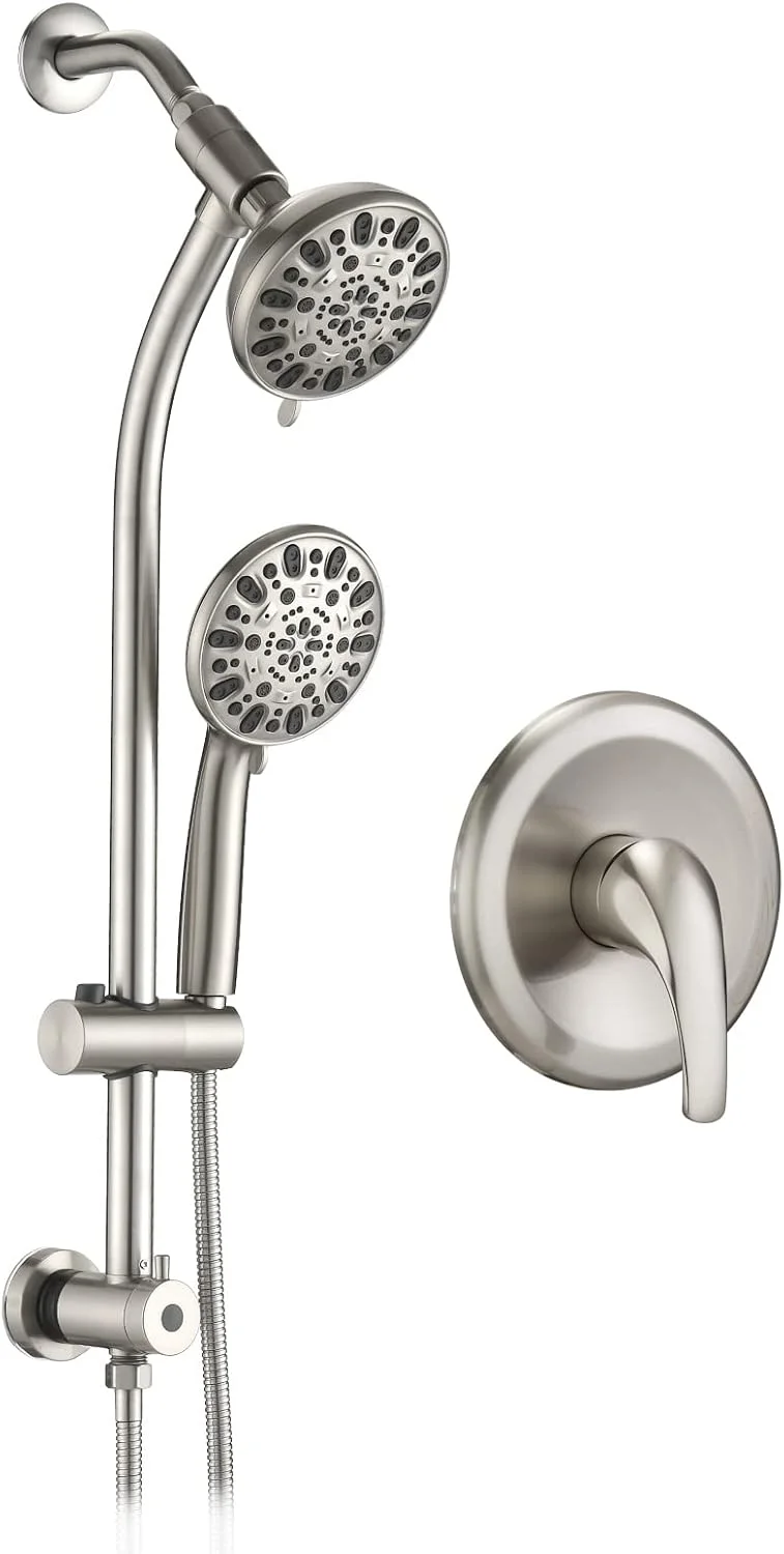 دوش دو طرفه با قابلیت تنظیم ارتفاع/زاویه بدون نیاز به دریل (نیکل برس خورده)، شامل سردوش ثابت و سردوش دستی