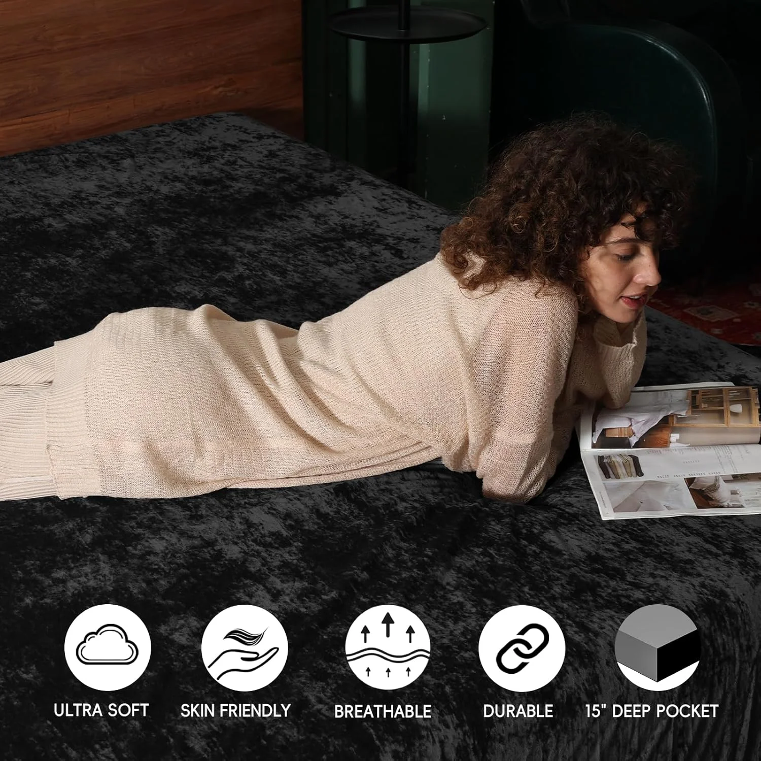 ست ملحفه ۳ تکه مخملی PHF سایز Twin، ملحفه های گرم و نرم لوکس برای پاییز و زمستان، ملحفه های پشمی بدون پرز با جیب عمیق ۱۵ اینچی، مشکی