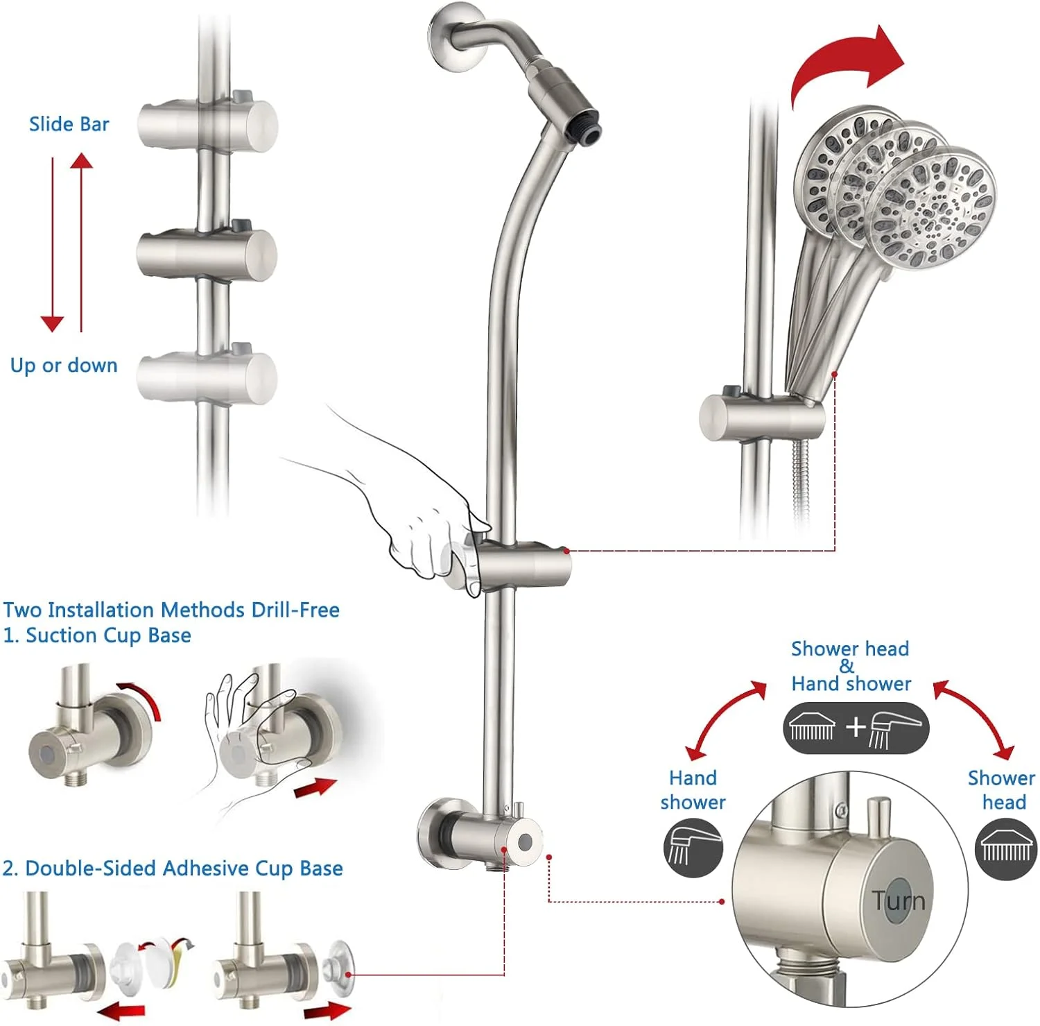 ست دوش حمام، دوش بارانی دیواری بدون نیاز به سوراخکاری، دوش دستی و سردوش، به همراه شلنگ (نیکل برس خورده)