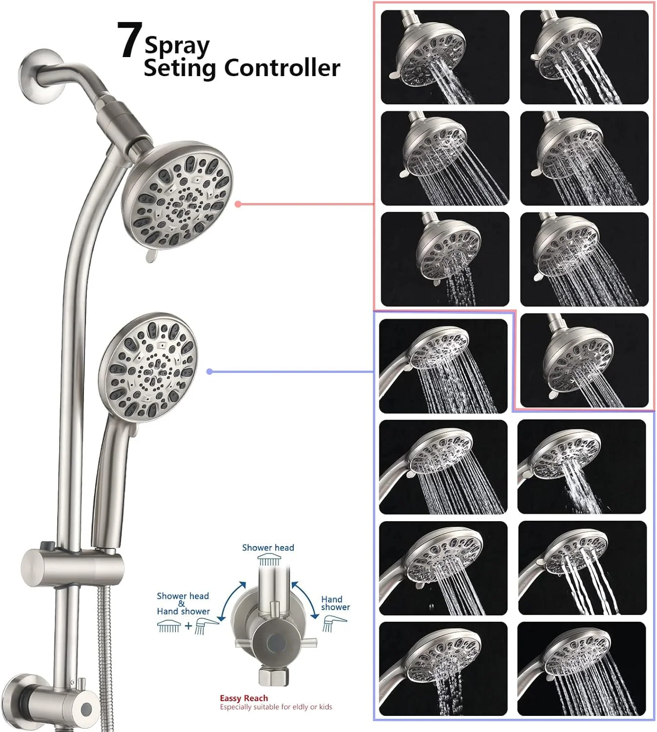 دوش دو طرفه با قابلیت تنظیم ارتفاع/زاویه بدون نیاز به دریل (نیکل برس خورده)، شامل سردوش ثابت و سردوش دستی