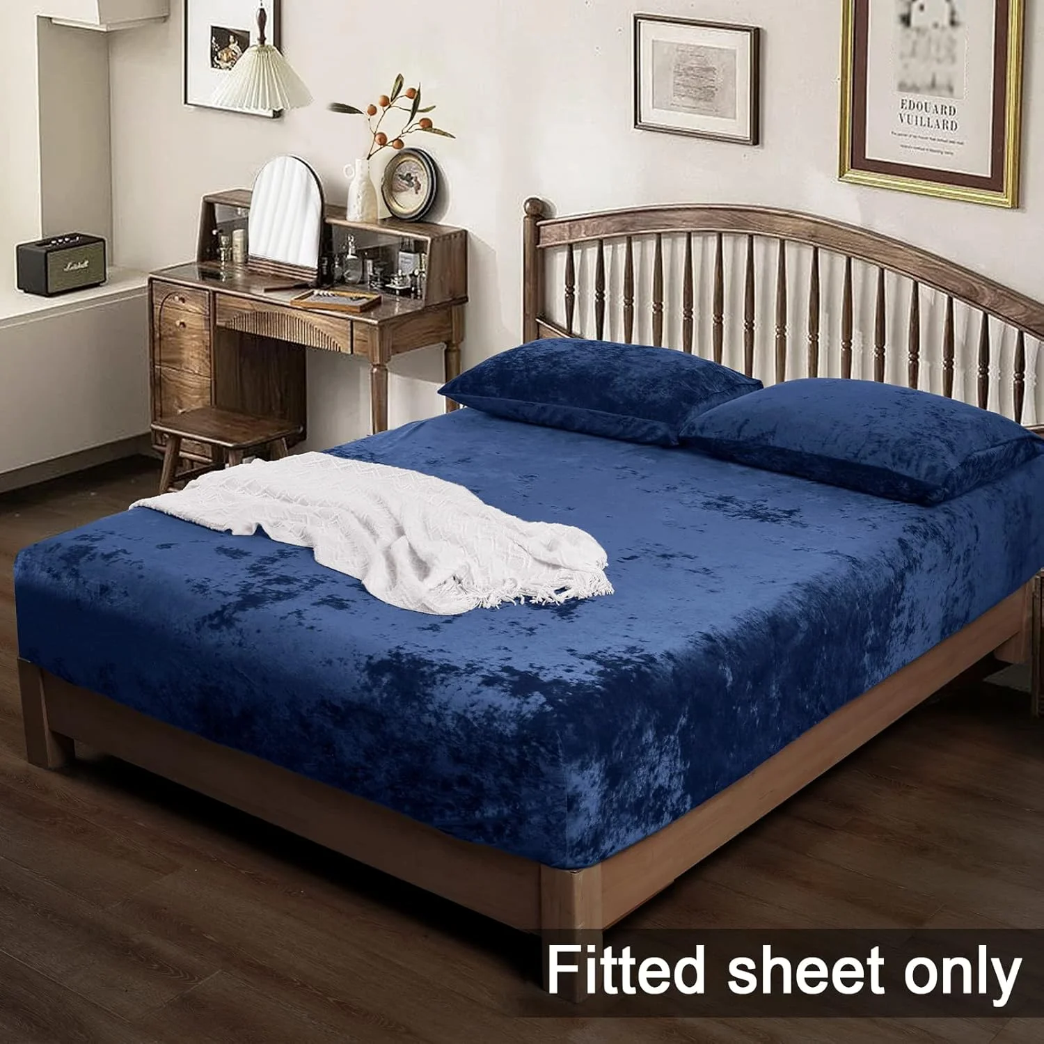 ملحفه کش‌دار مخملی PHF سایز کینگ، یک عدد ملحفه زیرین فلانل بسیار نرم و راحت با جیب عمیق 15 اینچی، مناسب برای پاییز، زمستان و بهار، بدون روبالشی، آبی سرمه‌ای