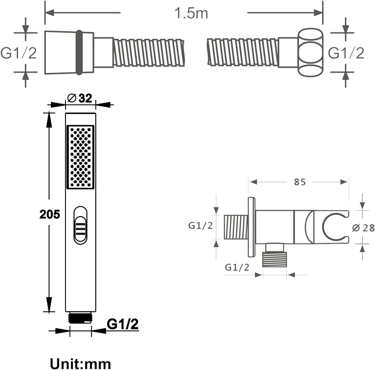 سردوش کروم با شلنگ 1.5 متری، سردوش دستی یونیورسال، سردوش قابل تنظیم تک دستی برای حمام