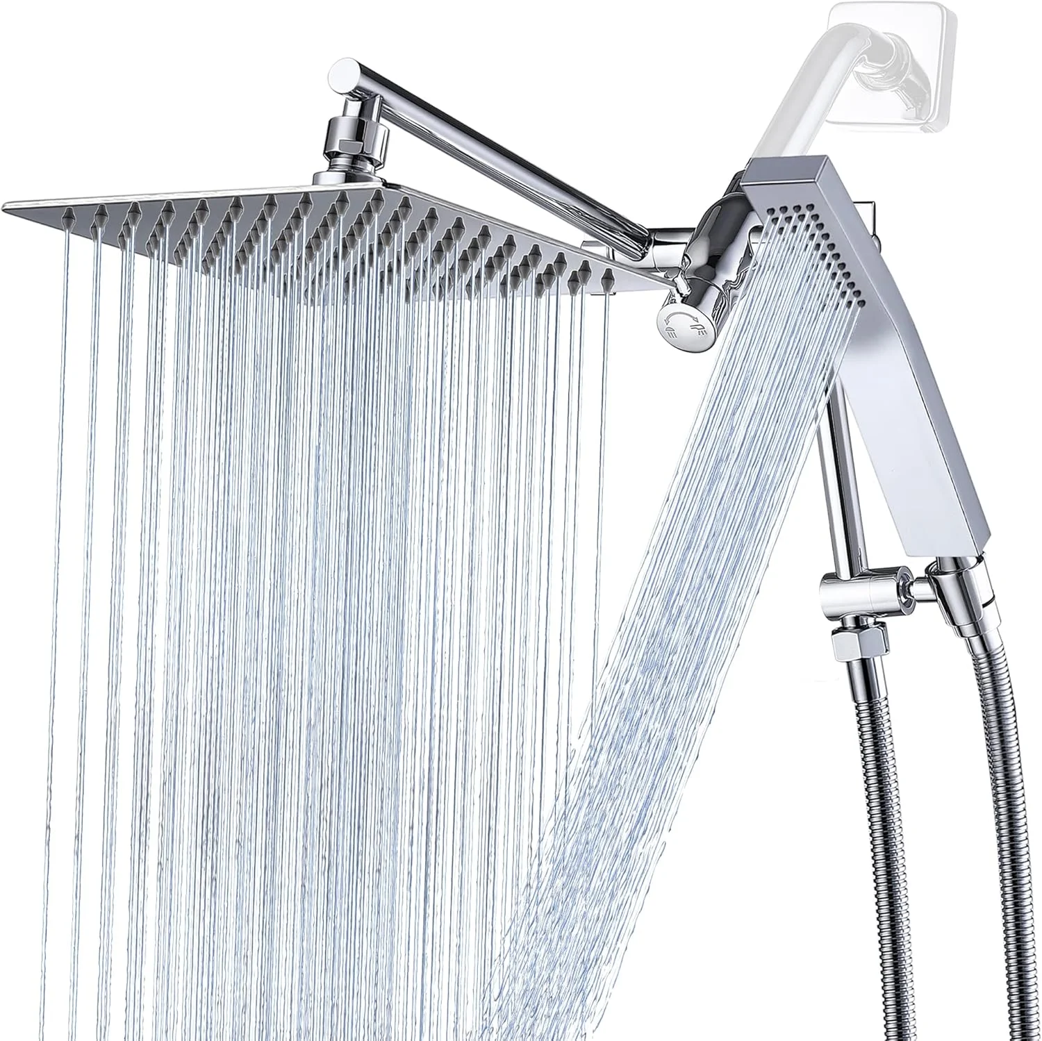 سردوش حمام دوگانه تمام فلزی با سر دوش دستی، سردوش بارانی 8 اینچی شامل شیر تغییر دهنده با بازوی دوش و نگهدارنده قابل تنظیم، و شلنگ استیل ضد زنگ فوق العاده بلند 70 اینچی (کروم)