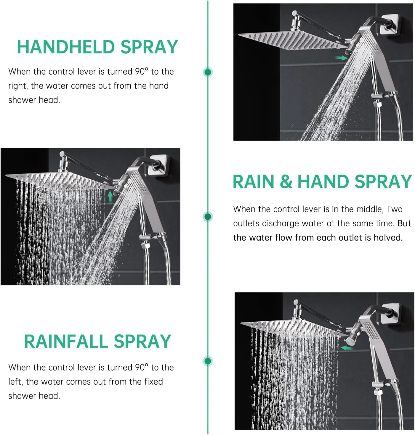 سردوش حمام دوگانه تمام فلزی با سر دوش دستی، سردوش بارانی 8 اینچی شامل شیر تغییر دهنده با بازوی دوش و نگهدارنده قابل تنظیم، و شلنگ استیل ضد زنگ فوق العاده بلند 70 اینچی (کروم)