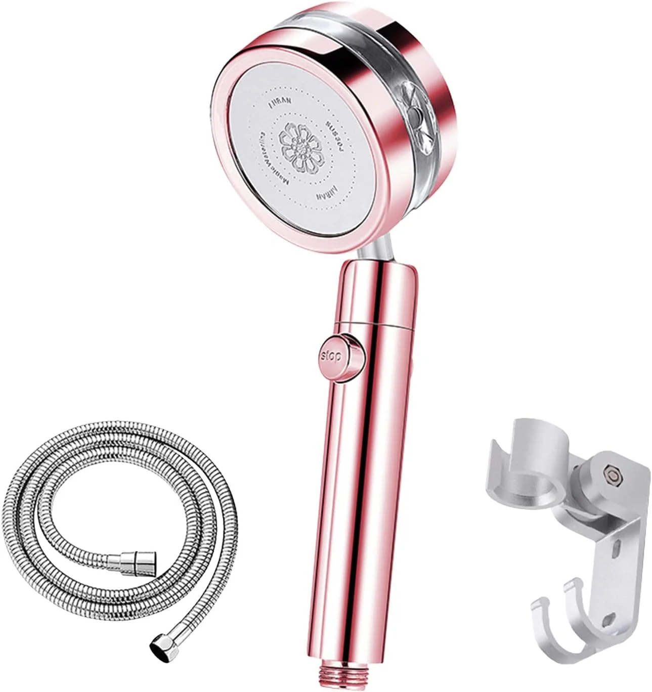 سری دوش دستی فشار قوی با شلنگ 1.5 متری، پایه، فن توربو، کلید روشن/خاموش و دکمه توقف، سر دوش صرفه جویی در آب G1/2 چرخان برای حمام