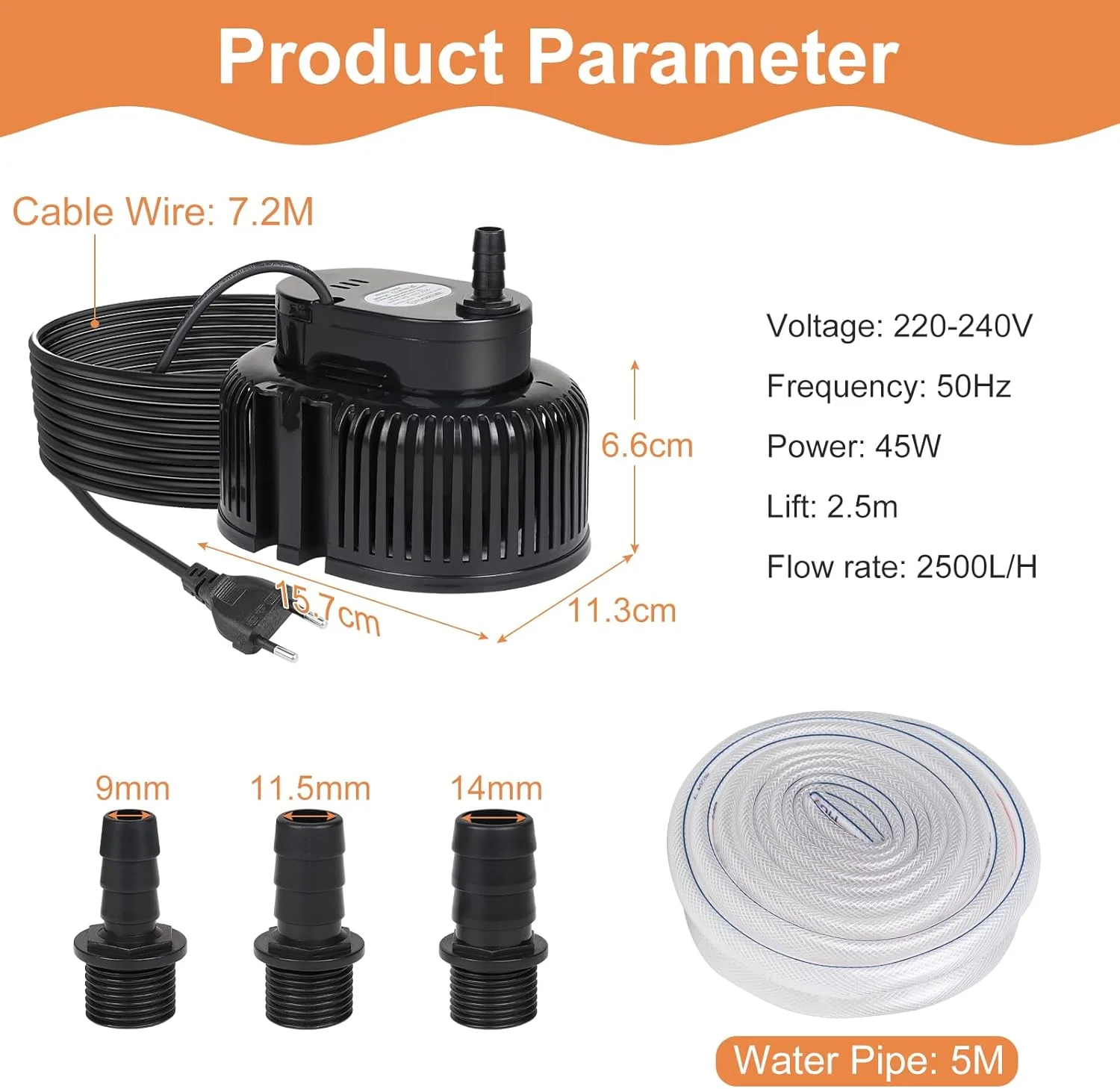 پمپ آب برقی EFUTURETIME 75 وات، پمپ مکش استخر 2500 لیتر در ساعت بدون شناور با کابل 7.2 متری، 3 آداپتور مختلف، شلنگ 5 متری، 2 بست (مشکی)