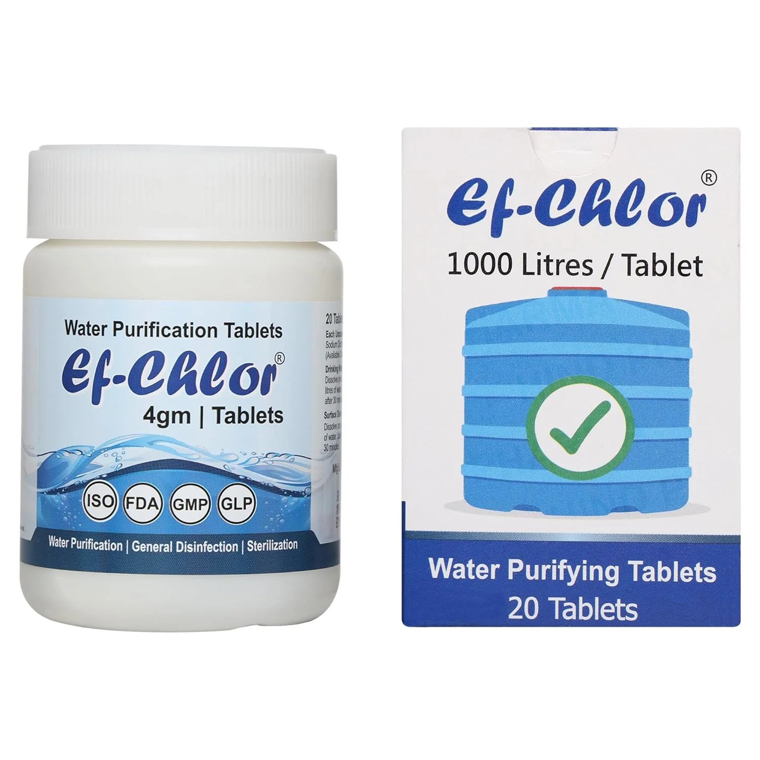 قرص تصفیه آب Ef-Chlor 4 گرمی | تصفیه 1000 لیتر با هر قرص | بسته 20 عددی برای 20000 لیتر | ضد عفونی و استریل کننده عمومی | تصفیه آب مخازن رو باز و زیرزمینی