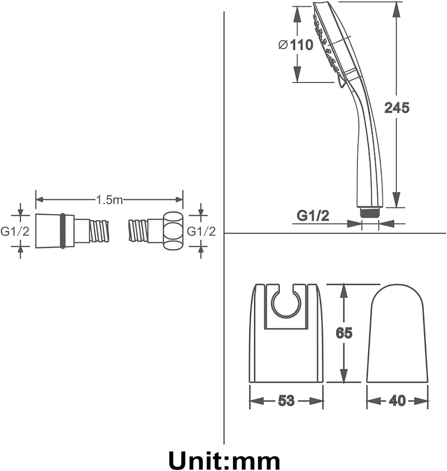 ست دوش دستی با فشار قوی روکش کروم، دارای 5 حالت پاشش، ست دوش دستی یونیورسال با شلنگ استیل ضد زنگ و نگهدارنده، G1/2 اینچ