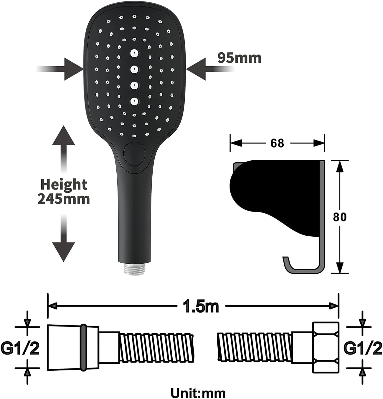 مجموعه سردوش دستی مشکی یونیورسال با 3 حالت آب، سردوش دستی فشار قوی با شلنگ استیل ضد زنگ 1.5 متری و نگهدارنده