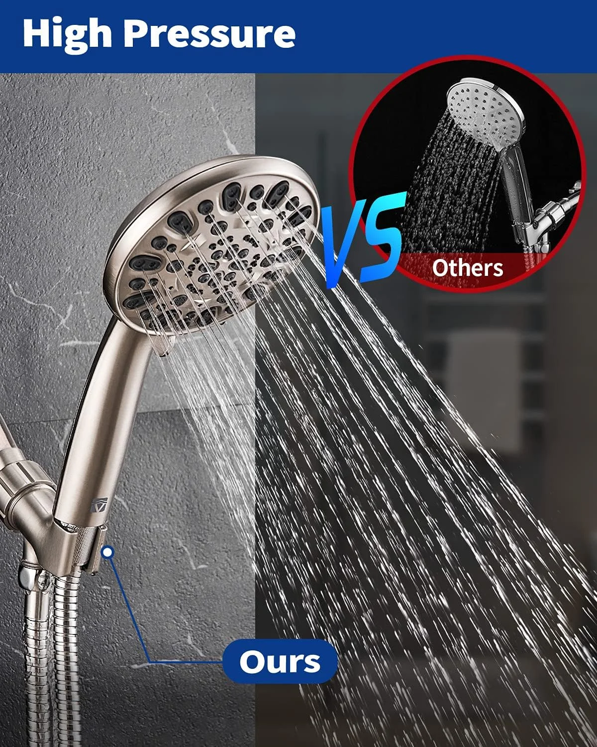 سری دوش دستی پرفشار با 7 حالت پاشش، به همراه شلنگ استیل 150 سانتی‌متری و پایه قابل تنظیم برای لذت بردن از دوش گرفتن حتی با جریان آب کم (مدل HM-002 نیکل مات)