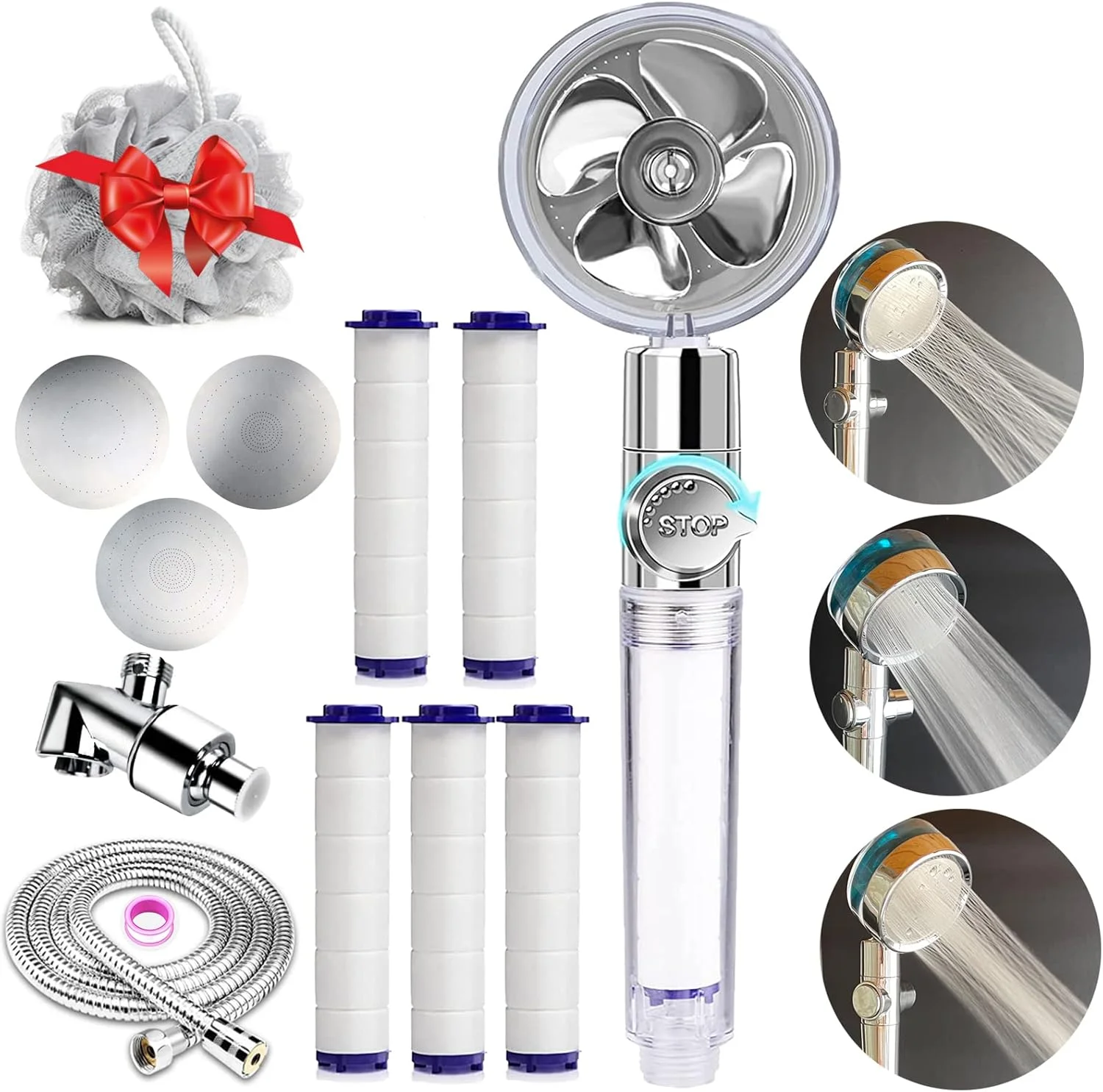 سری دوش دستی توربوشارژ Vphom با فن توربو و شلنگ/نگهدارنده/فیلترهای پنبه ای و لیف حمام، 3 پنل آب برای تجربه های مختلف - خاکستری روشن