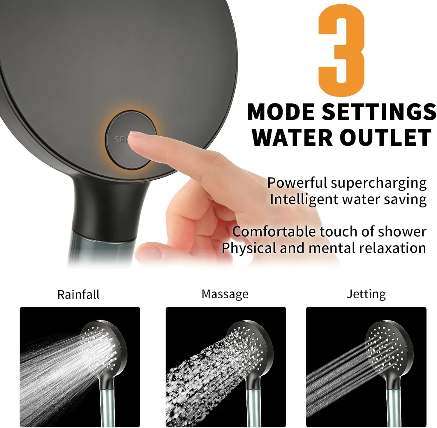 سردوش کمپینگ، سردوش دستی فشار قوی با شلنگ، 3 حالت و سردوش های جداشدنی، مشکی مات