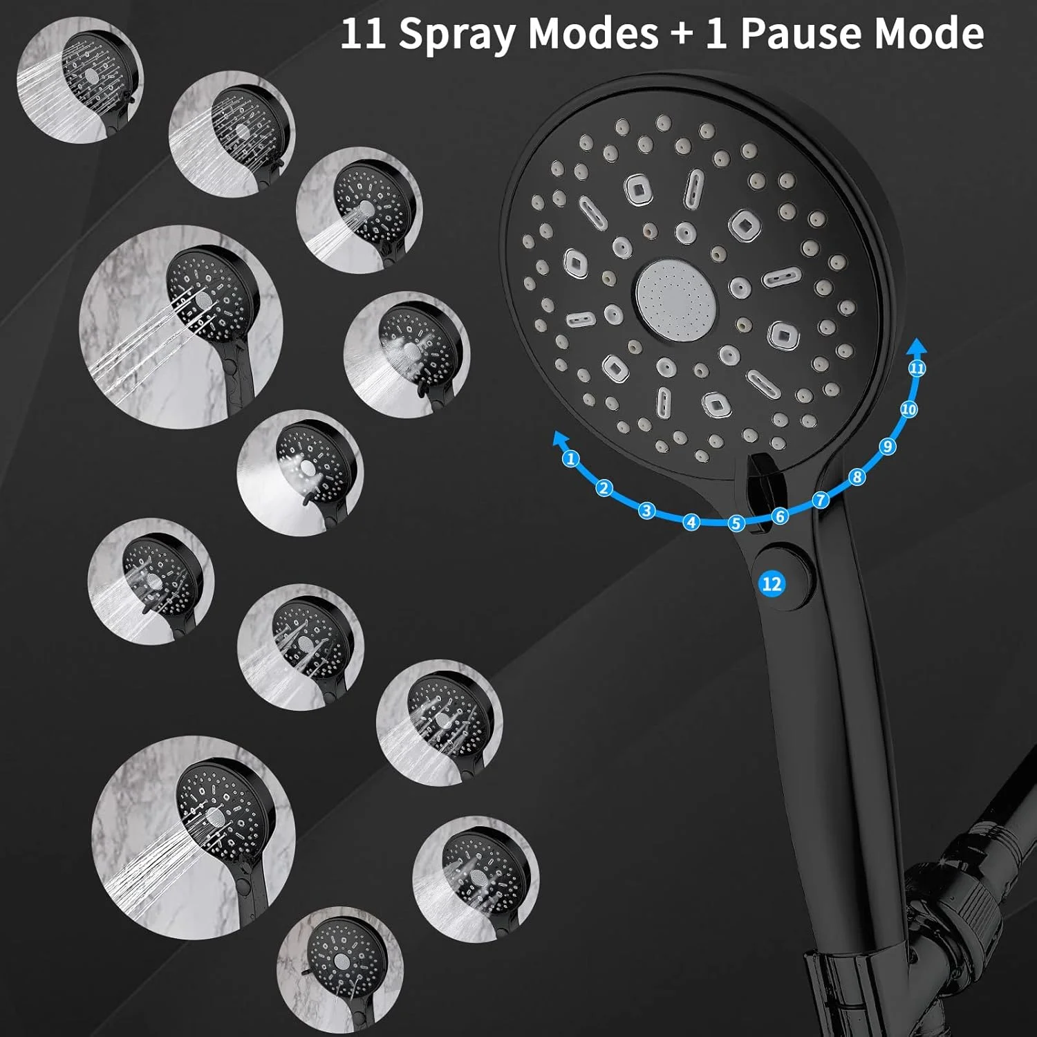 سردوش دستی فشار قوی VXV، دارای 12 حالت پاشش آب به همراه حالت صرفه جویی در مصرف آب، ست سردوش با جریان خروجی بالا 4.85 اینچی به همراه شلنگ 6 فوتی و پایه با زاویه قابل تنظیم، مشکی مات