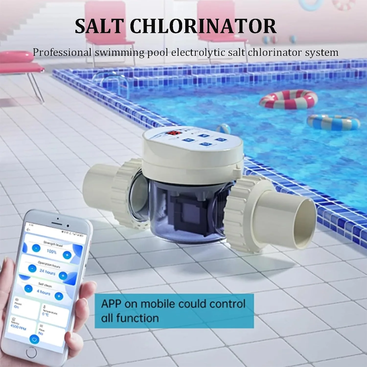 ژنراتور کلر نمکی برای استخرهای روکار، سیستم کلرزنی آب شور برای استخر شنا، کنترل از راه دور از طریق Wi-Fi و برنامه، عملکرد تمیز کردن خودکار 7.5 گرم در ساعت