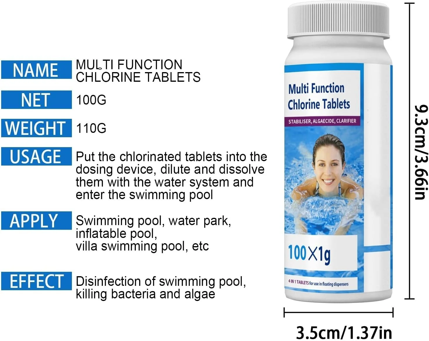 قرص کلر 100 گرمی حل شونده آهسته هوگود، قرص کلر برای استخر، درمان ضد عفونی جلبک برای استخر شنا، وان آب گرم، فواره، باکتری های آب اسپا (1)