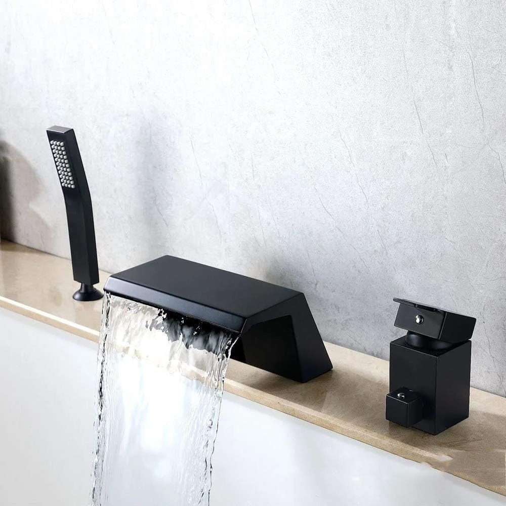 شیر آب وان حمام آبشاری مشکی با آب سرد و گرم، ست شیر آب وان برنجی نصب شده روی عرشه، 3 سوراخ، تک دسته، شیرهای مخلوط دوش چند منظوره با دوش دستی