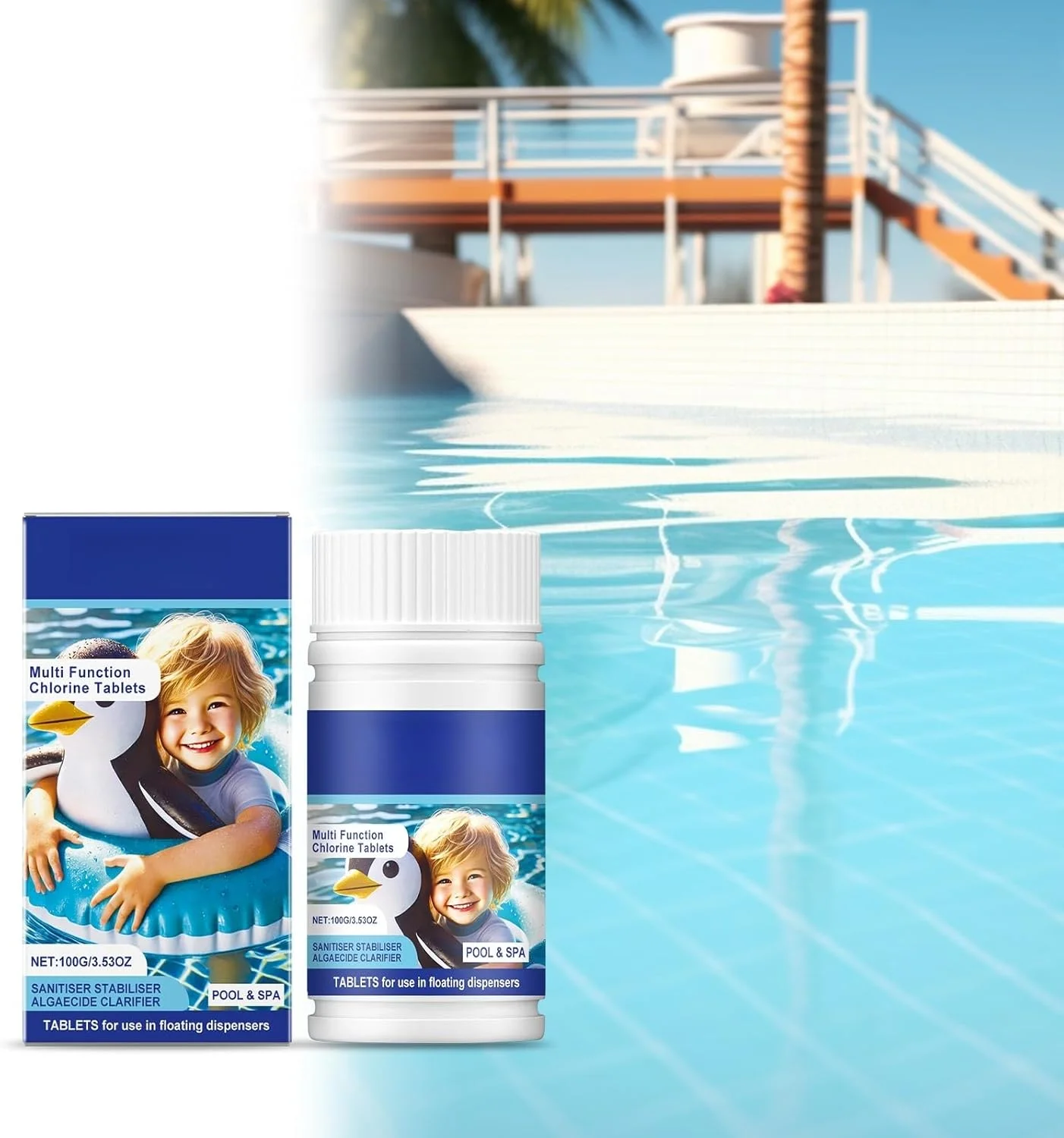 قرص کلر 100 گرمی حل شونده آهسته هوگود، قرص کلر برای استخر، درمان ضد عفونی جلبک برای استخر شنا، وان آب گرم، فواره، باکتری های آب اسپا (1.0)