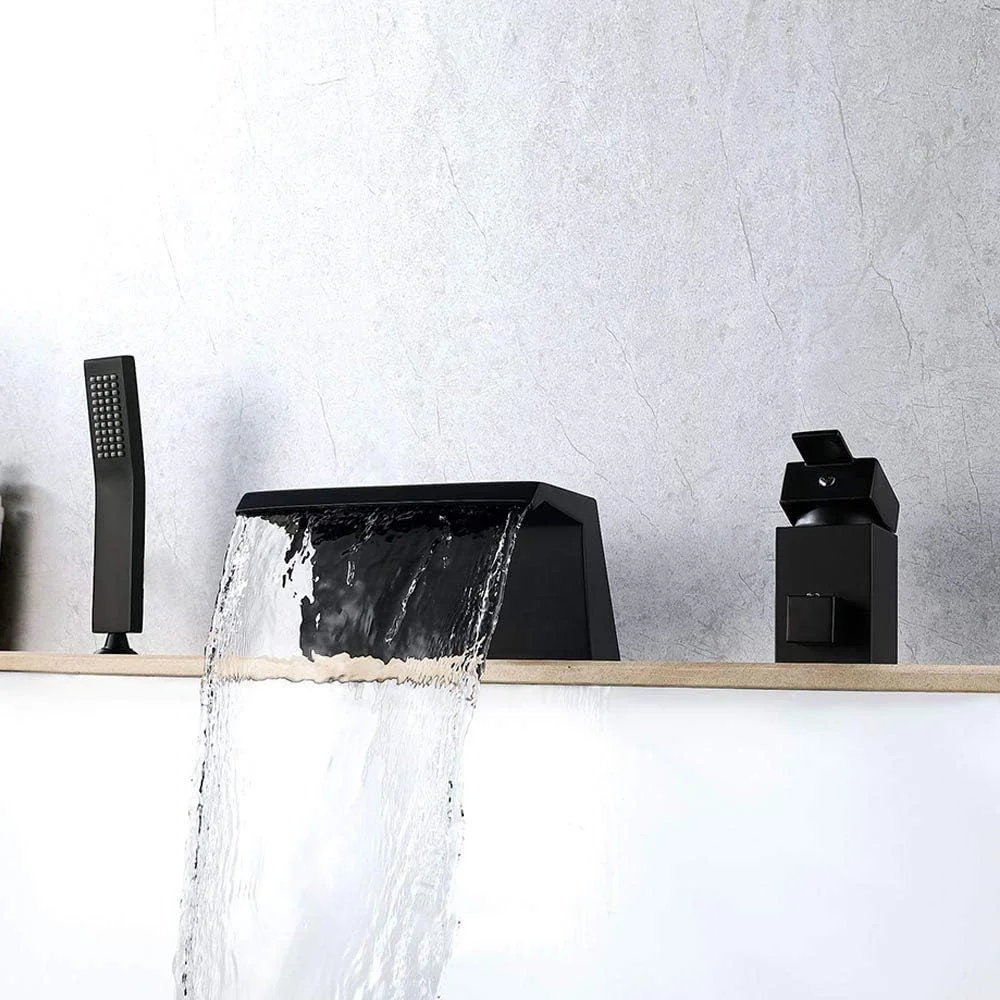 شیر آب وان حمام آبشاری مشکی با آب سرد و گرم، ست شیر آب وان برنجی نصب شده روی عرشه، 3 سوراخ، تک دسته، شیرهای مخلوط دوش چند منظوره با دوش دستی