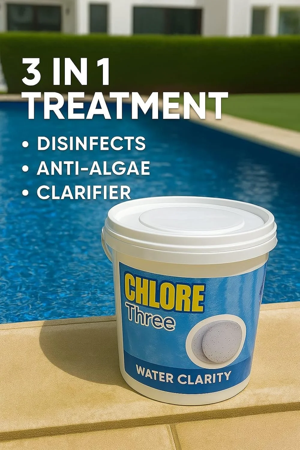 قرص های کلر چند منظوره 3 در 1 - سطل 5 کیلوگرمی - تصفیه کننده استخر با حل شوندگی آهسته برای ضد عفونی، جلوگیری از جلبک و شفاف سازی آب - مناسب برای همه استخرها