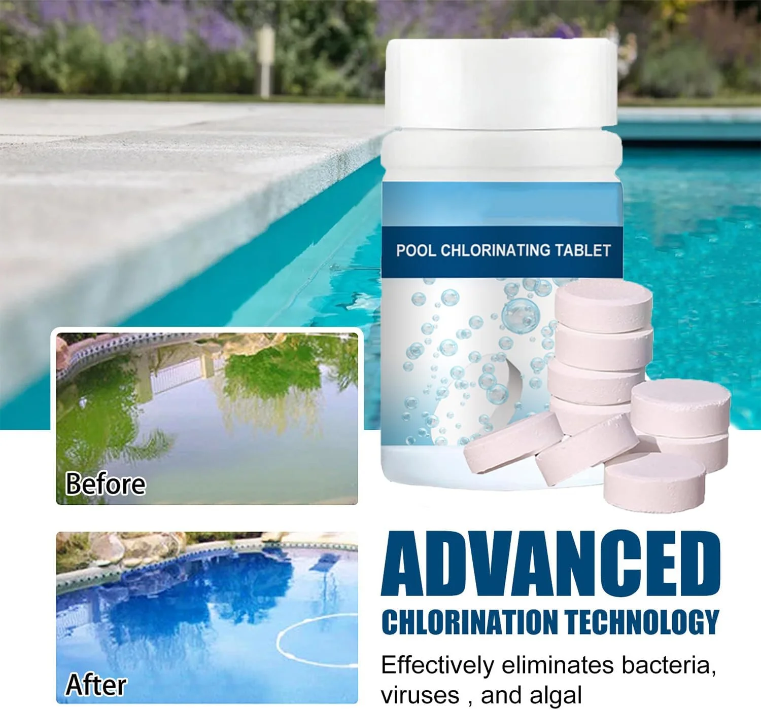 قرص های تمیز کننده استخر شنا Makbeaty، قرص های چند منظوره کلر برای ضد عفونی استخر شنا (2 * 100 عدد)