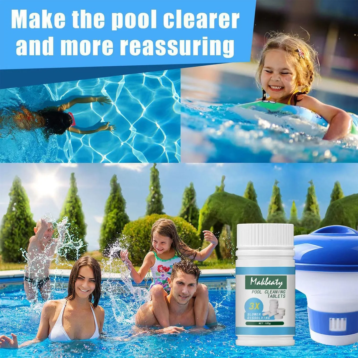 قرص های تمیز کننده استخر مک بیوتی، قرص جوشان ضد عفونی کننده استخر، محافظت موثر در برابر باکتری ها، تصفیه کننده کیفیت آب (2 عدد)