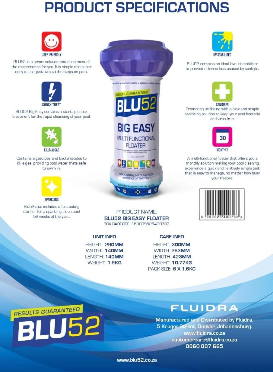 شناور چند منظوره استخر BLU52 Big Easy، پخش کننده مواد شیمیایی استخر، ضدعفونی کننده ماهانه استخر، 1.6 کیلوگرم